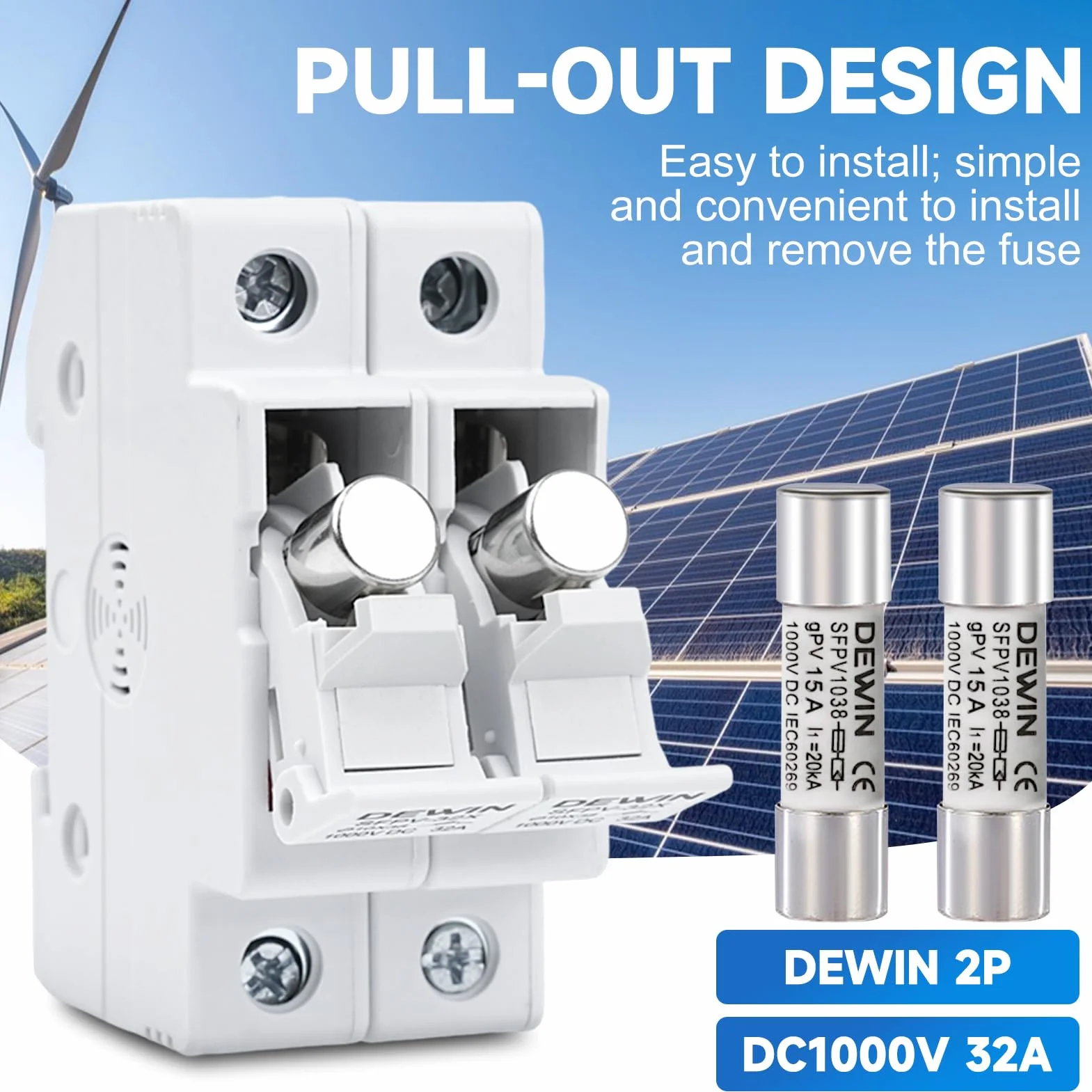 DEWIN Fusible fotovoltaico 2 polos 1000V CC 32A con protección contra sobrecarga y cortocircuito