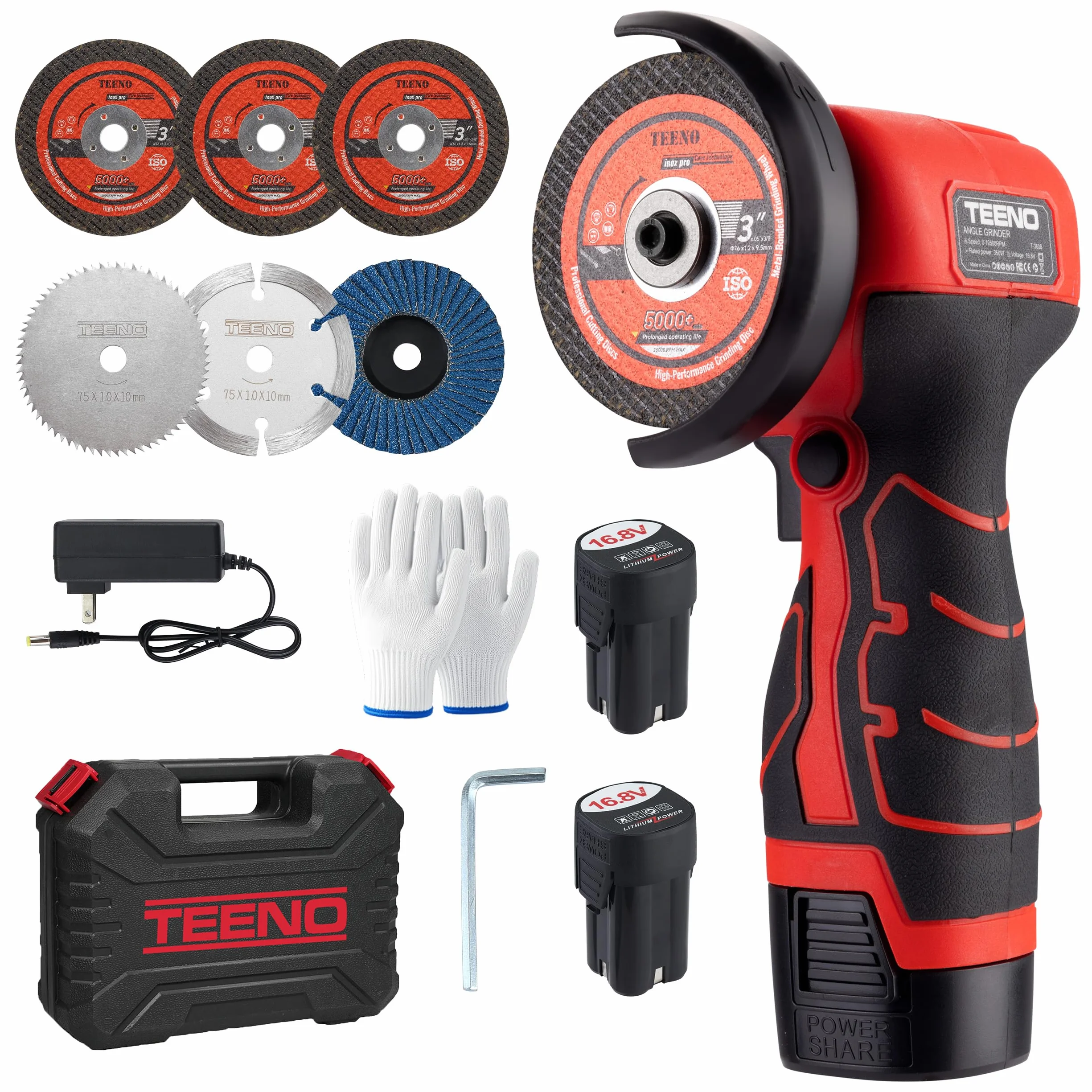 TEENO Mini Amoladora Angular Inalámbrica 16,8V, Radial de Batería 76 mm 19.500 RPM, Kit con 2 Baterías 2000 mAh, Cargador, 6 Discos y Maletín, para Cortar, Lijar y Pulir