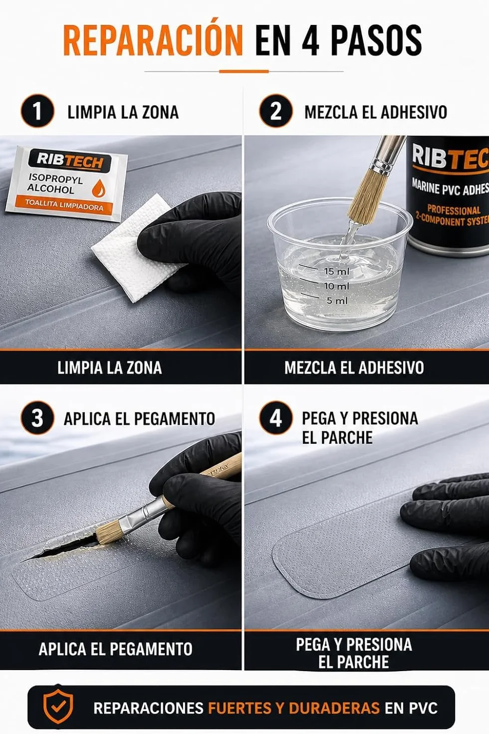 Kit Reparación PVC Profesional – Pegamento PVC 2 Componentes para Zodiac, Paddle Surf, Kayak y Hinchables – Incluye Parches, Pincel, Vaso, Guantes y Toallita (125ml)