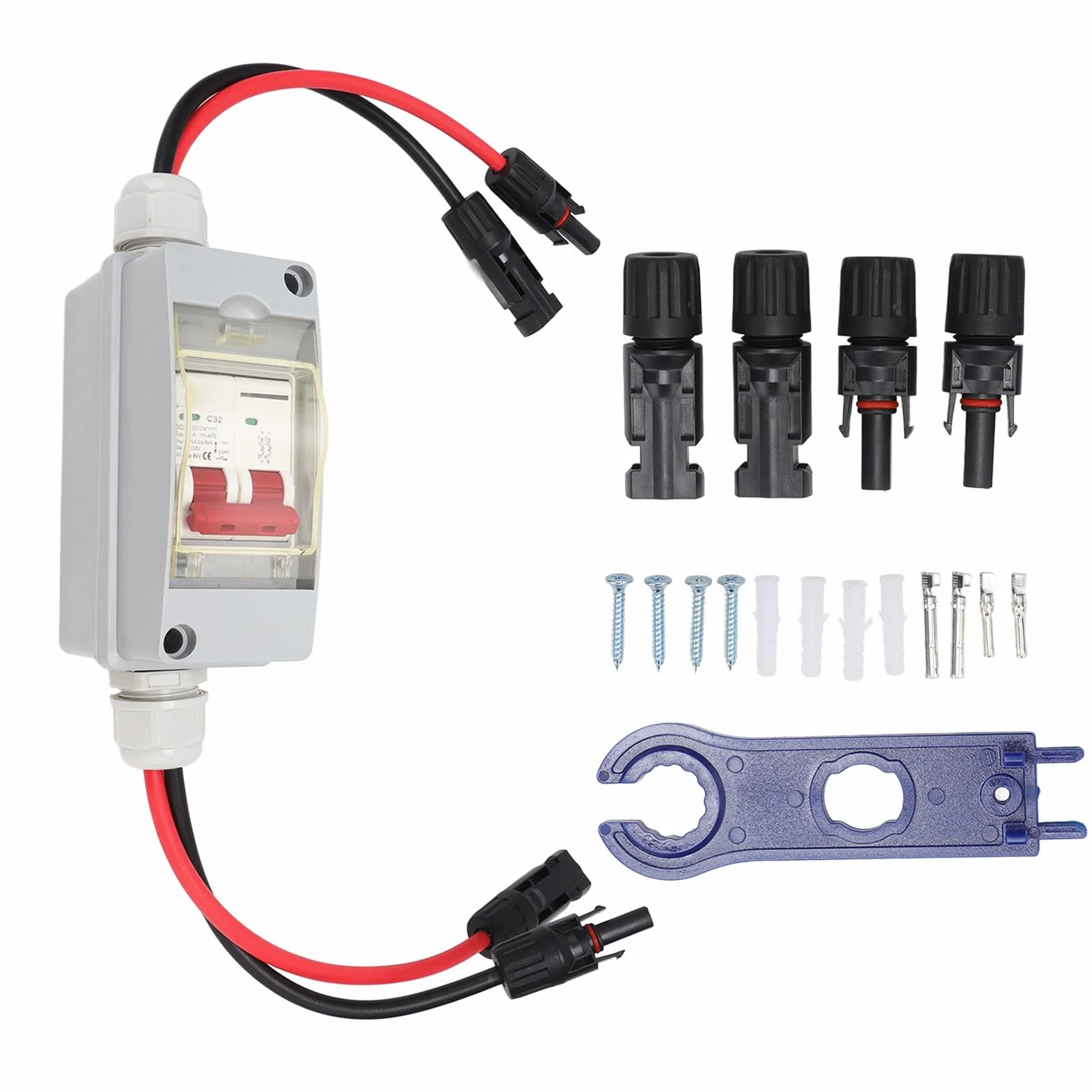 Interruptor aislante PV CC, interruptor de circuito MCB 2P, interruptor de desconexión solar CC de 500 V 32 A, IP65, para solar fotovoltaico, fuera de la red (con cable y conector PV)
