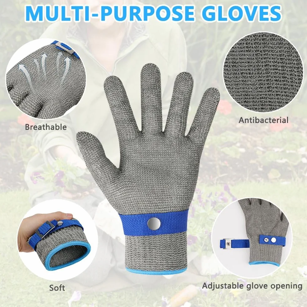 Flintronic Guantes Anticorte Nivel 9, Guantes de Malla de Acero para Trabajo, Protección de Seguridad, Carnicero, 2 Manos de Nailon, Talla M