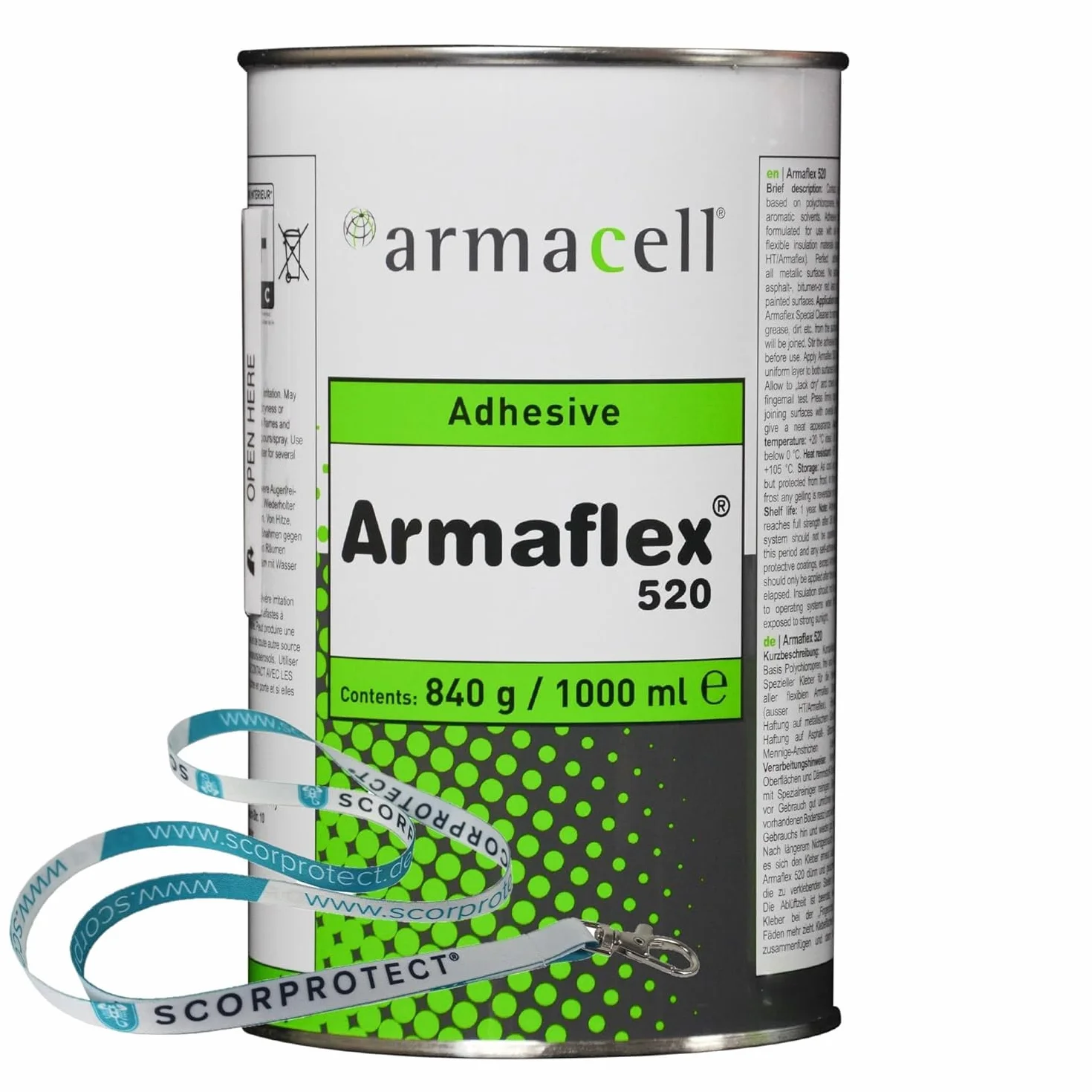 Armaflex Armacell 520 - Adhesivo para placas de caucho y mangueras (lata de 1,0 L, incluye cordón original Scorprotect)