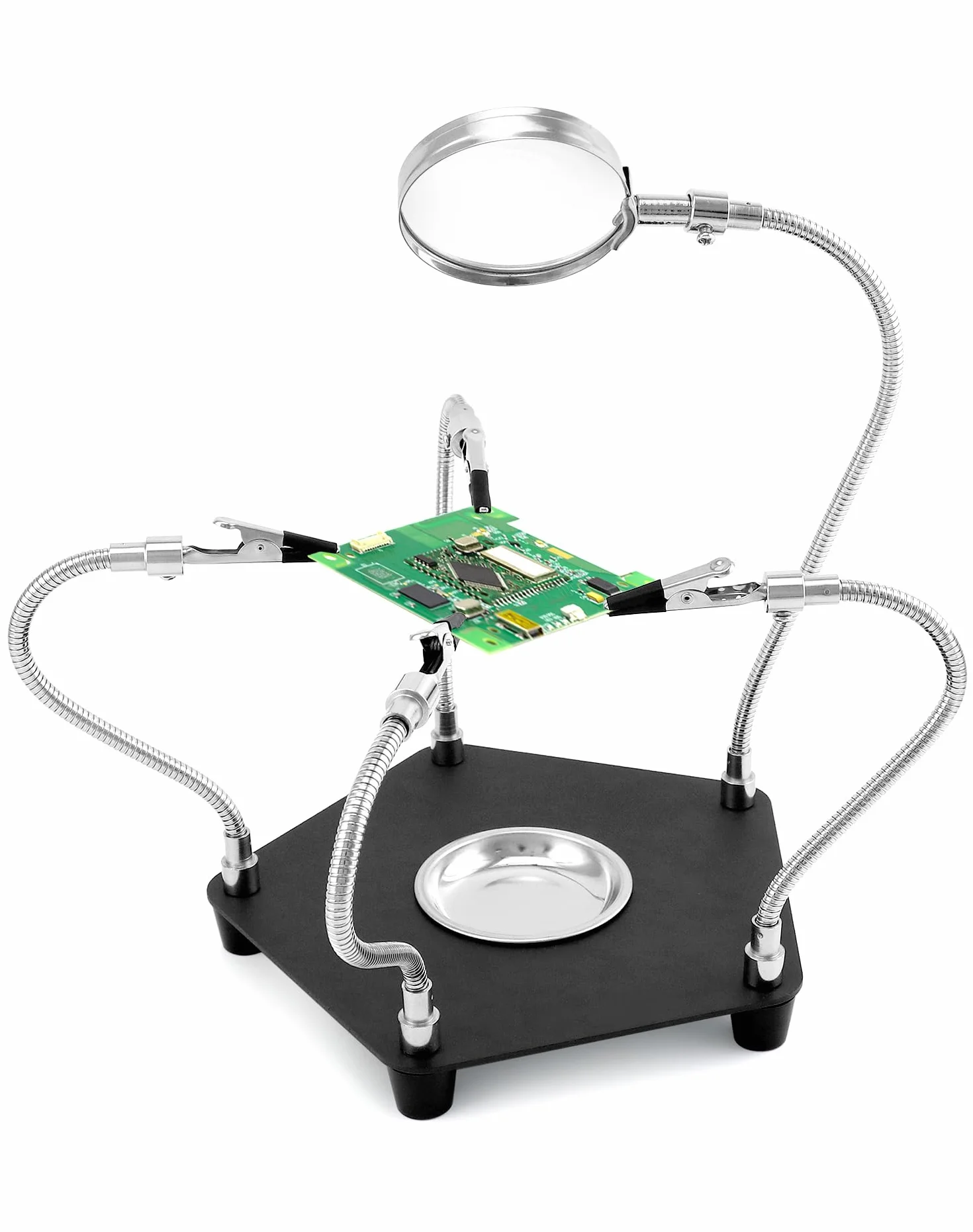 QWORK® Estación de soldadura de tercera mano con lupa 3X y 4 brazos flexibles, ayuda para soldar para electrónica, joyería, manualidades y más