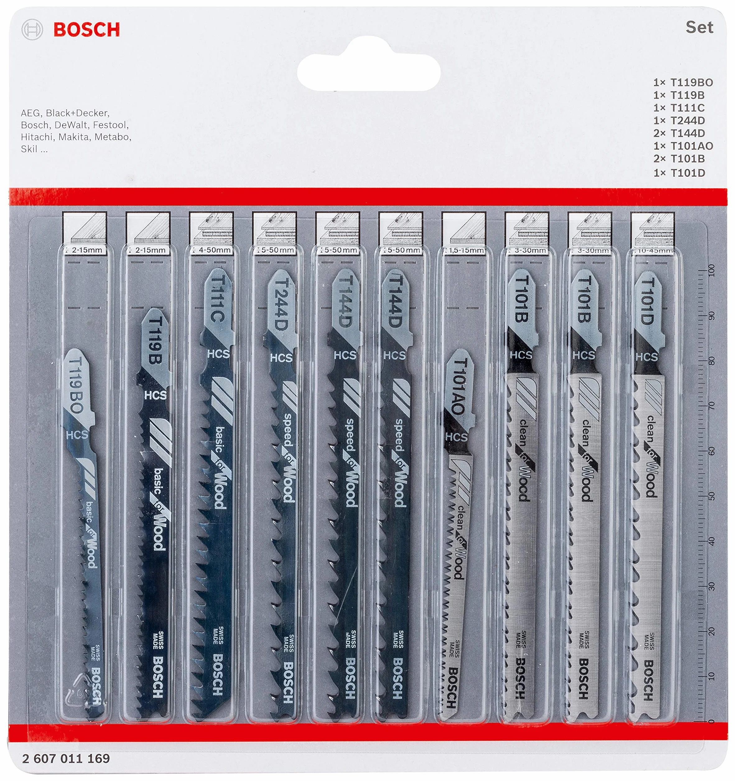 Bosch Professional Set de Hojas de sierra de calar 10 uds (para madera, accesorios para sierras de calar con vástago en T)