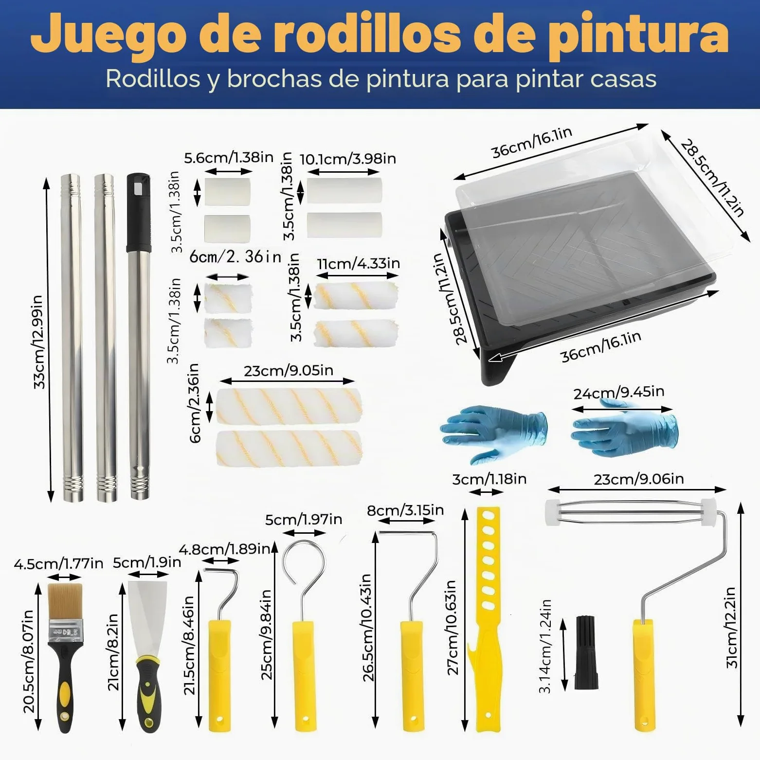12 Piezas Kit Rodillo Para Pintar Paredes Multifunción, con 3 Barra Telescópica, Bandeja, Rodillos, Marco de Rodillo, Mezclador, Espátula, Brocha Pintura para Pintar Renovar Paredes y Techos
