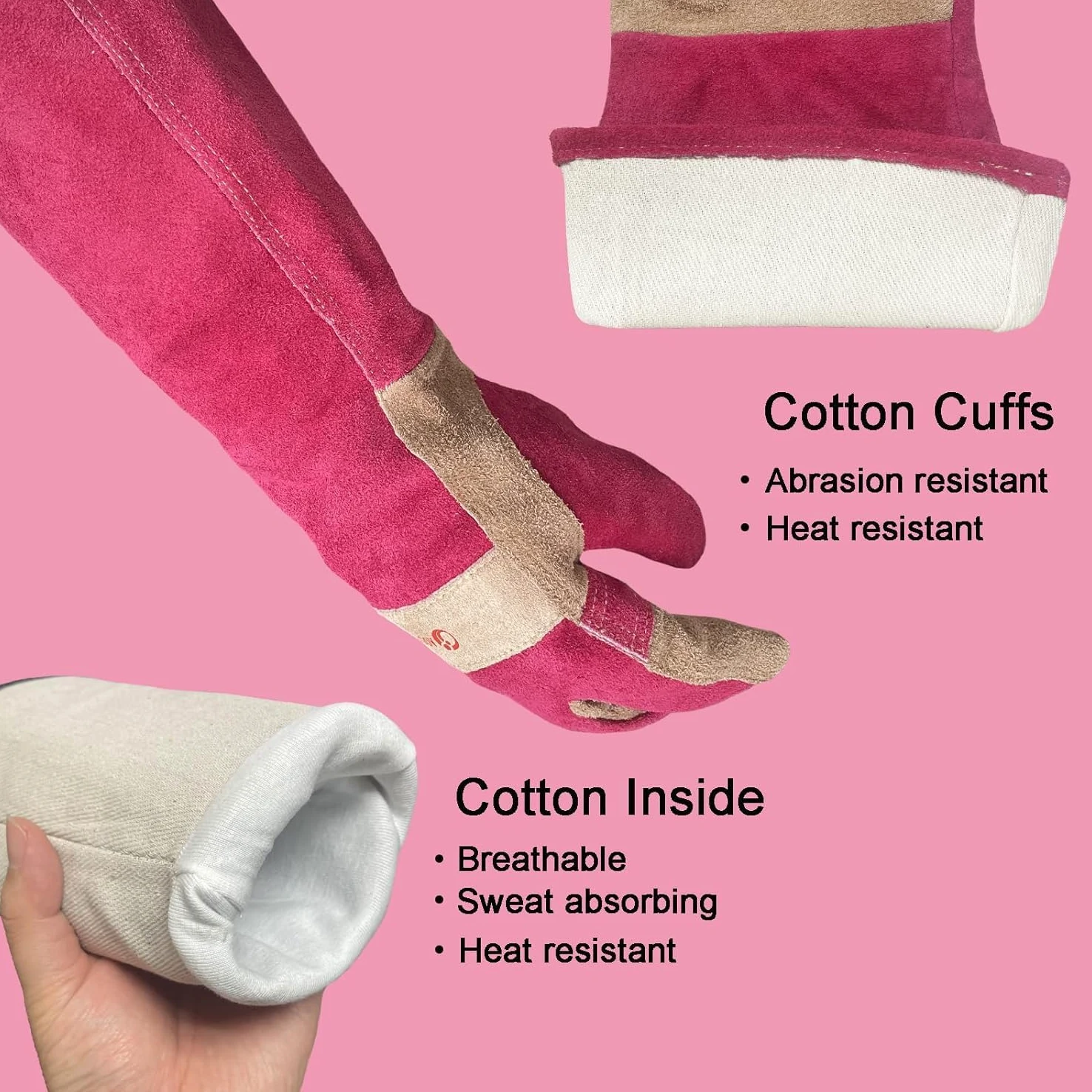 Guantes para barbacoa y soldadura de piel de vaca, de manga larga, guantes resistentes al fuego y al calor para chimenea, barbacoa, soldadura Tig Mig, chimenea, horno, horneado, estufa, rosa