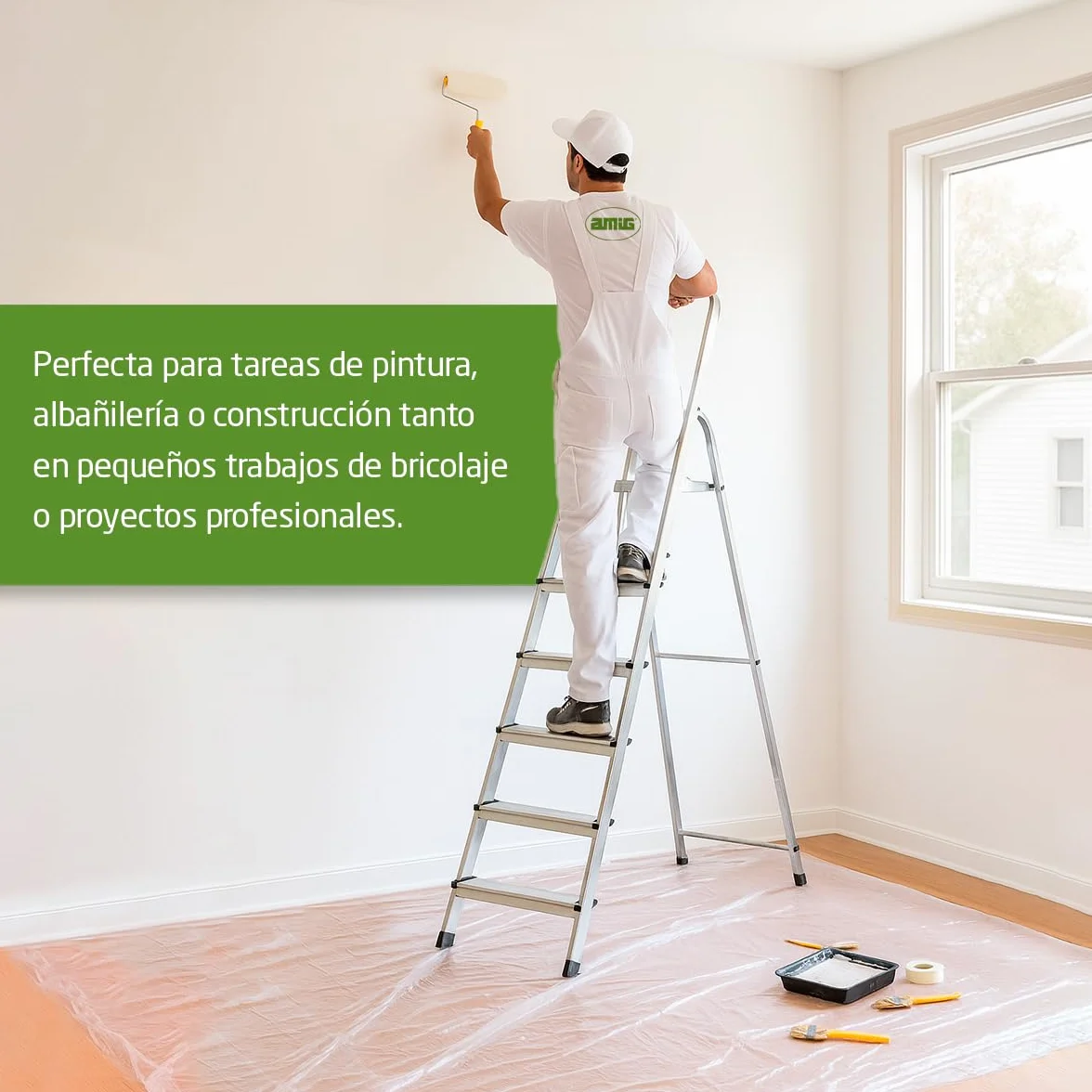 Amig - Escalera Plegable con 7 peldaños - Fabricado en Aluminio - Medida de Peldaños Pequeños 28 cm x 8 cm - Medida de Peldaño Grande 25 cm x 25 cm x 28 cm - Uso Doméstico - Carga Máxima: 150 kg