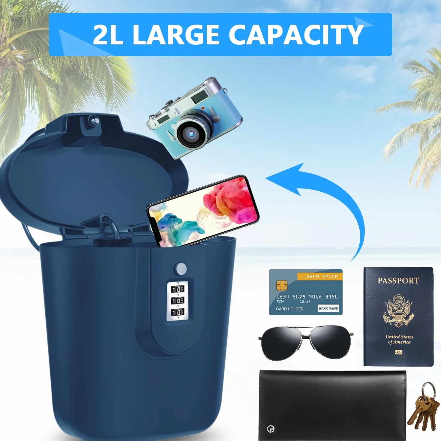 Caja Fuerte para la Playa para Sus Objetos Valor, Segura para la Playa con Cerradura Numérica, Caja de Seguridad Antirrobo Portátil Playa, Camping, Viajes, Deportes, Compras (Azul)