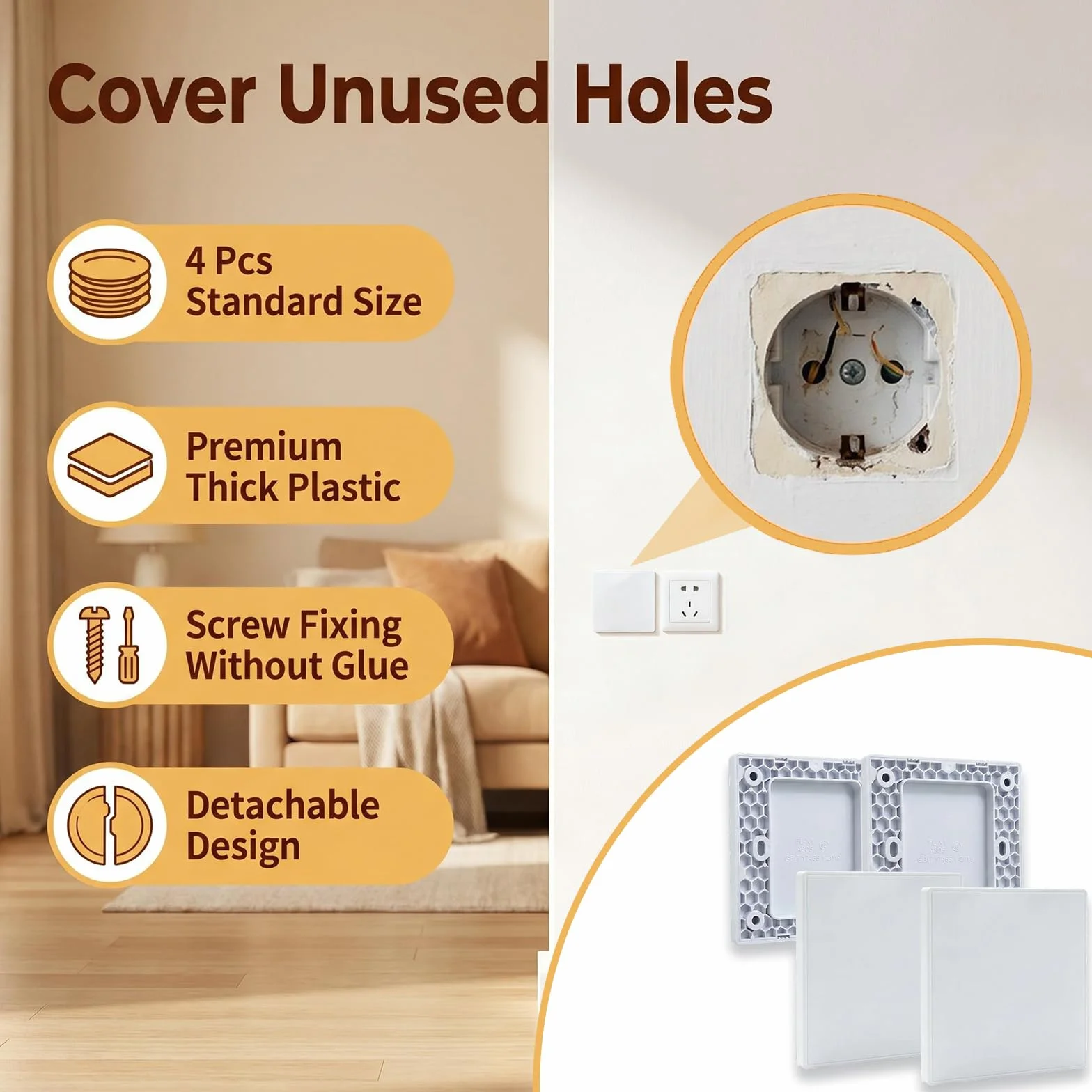 Tapa Ciega Enchufe Pared, Tapa Registro Electrico de 8,6 x 8,6 cm, Cubierta Ciega Empotrada de Plástico Sin Tornillos, Compatible con Enchufes o Interruptores No Utilizados (Blanco, 4 Unidades)