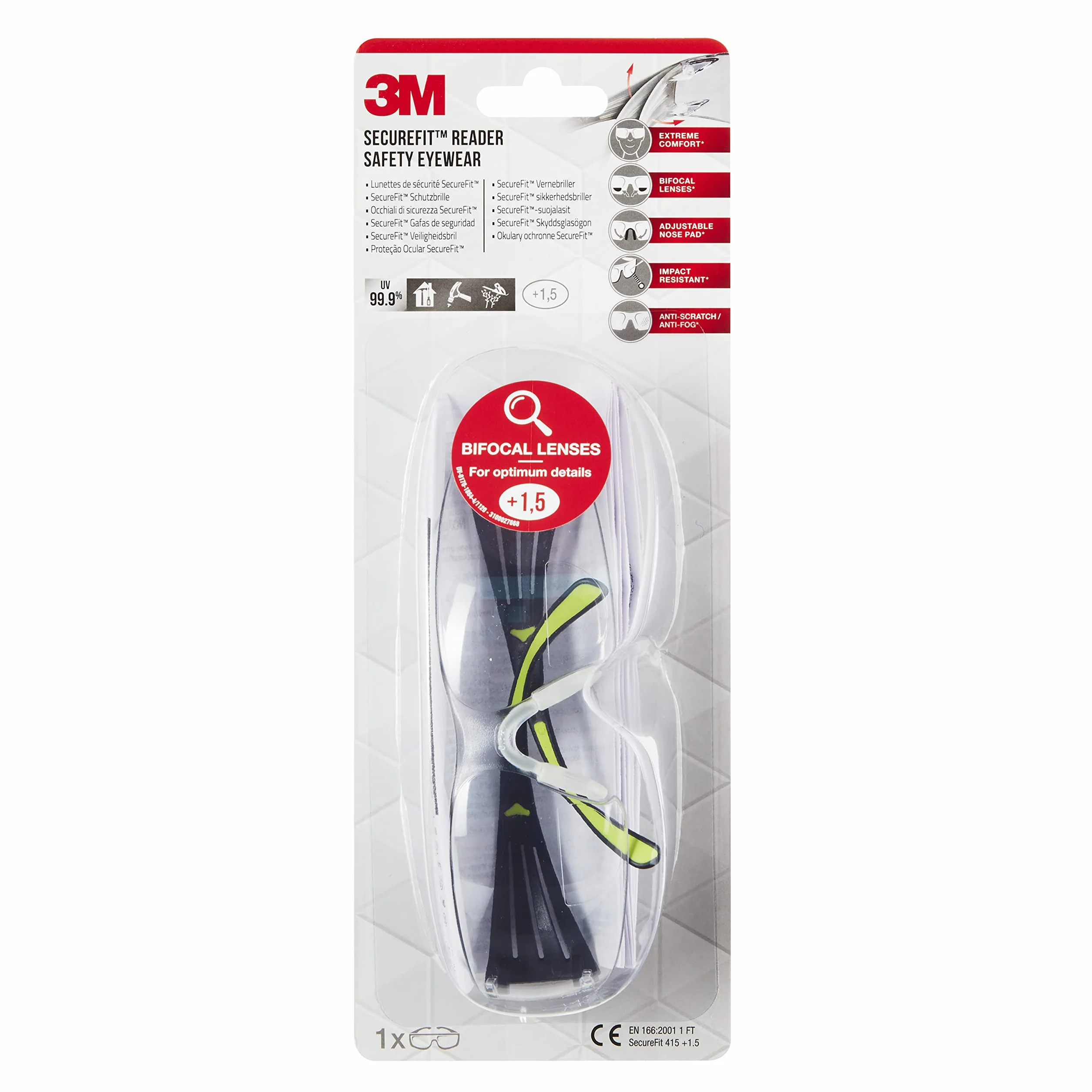3M SecureFit SF415 Gafas de seguridad graduadas, +1,5 dioptrías, antirrayaduras, lente incolora, 1/PCK, 6PCK/CV