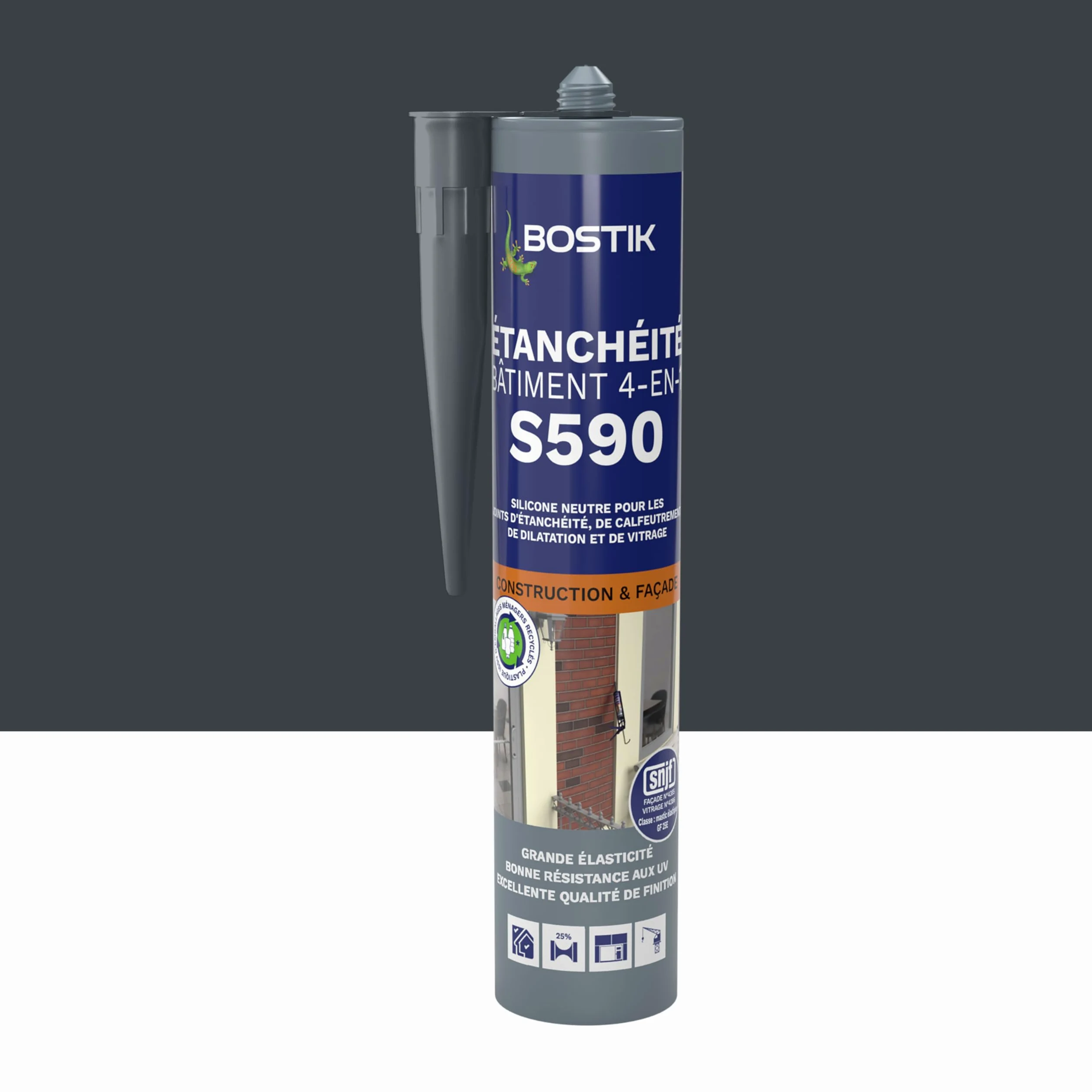 Bostik S590 - Sellador de sellado Edificio 4 en 1 - Interior y Exterior - Juntas de calafateo, Dilatación, Fachada y Acristalamiento - Color: Gris Antracita Ral 7016 - Cartucho 300 ml