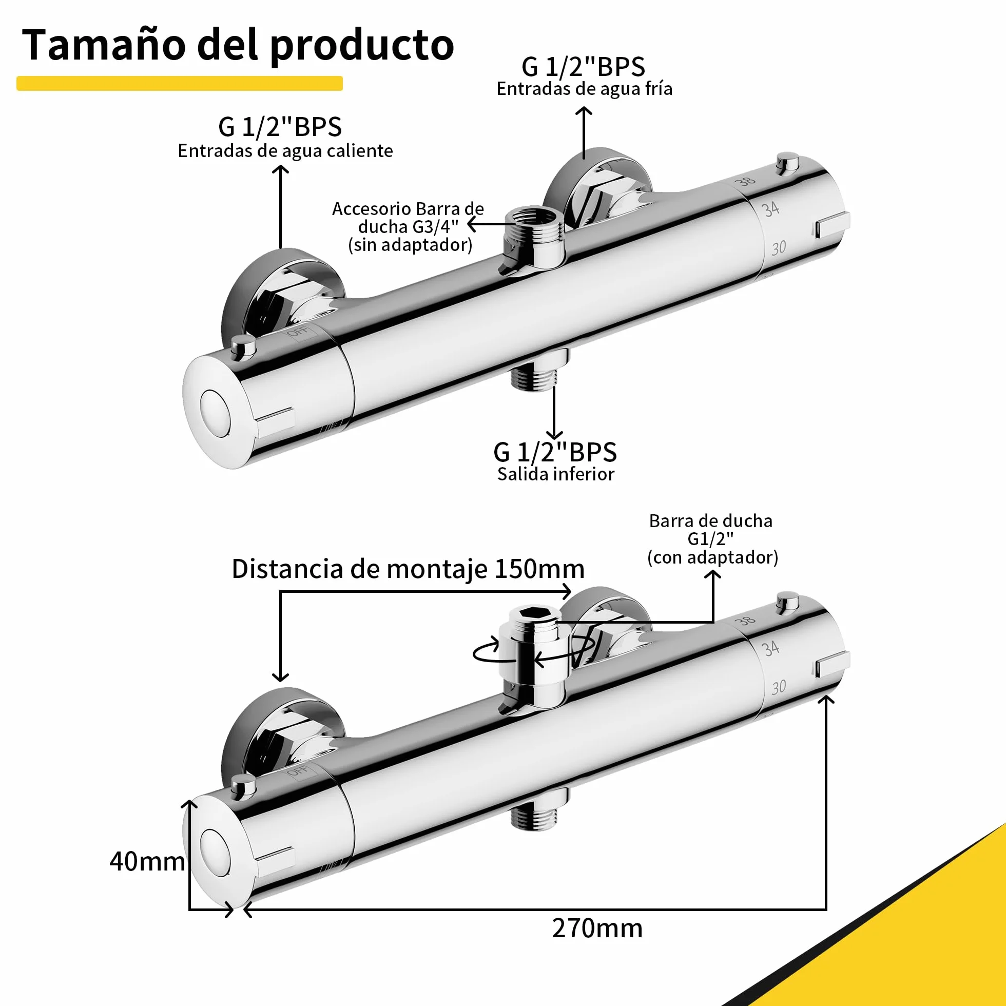 MORADO Grifo Termostatico Ducha, Grifo Ducha Termostatico de 2 Salidas, Salida Superior 3/4" BSP(26.4mm) y Salida Inferior 1/2" BSP(21mm), Grifo Termostatico Bañera Forma Redonda