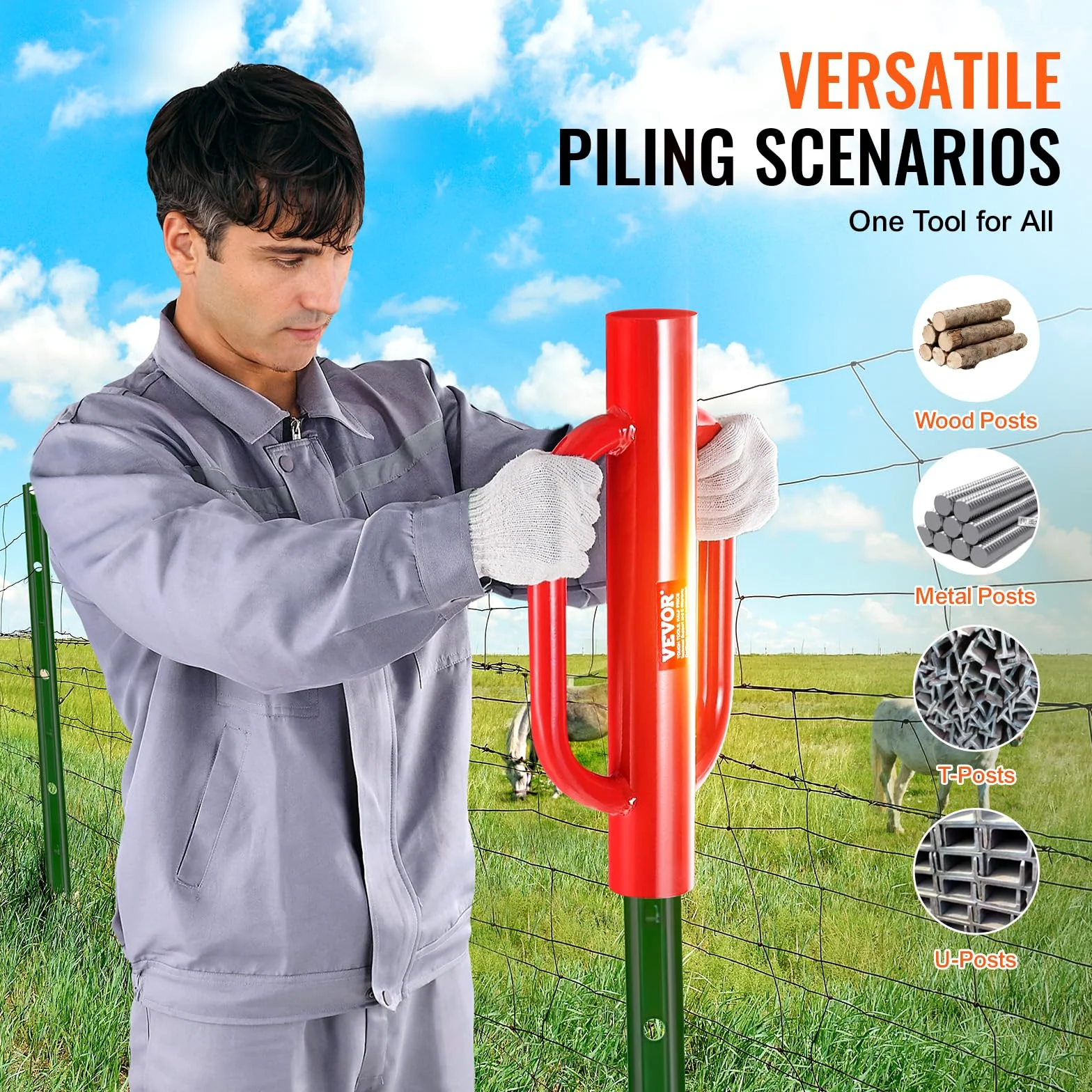 VEVOR Apisonador Manual para Postes de Cerca con Asas, Diámetro Interior 101,6 mm, Postes en T, Acero al Carbono, Resistente, para Canal en U, Poste de Señalización y Madera, Rojo, 490 x 242 x 118 mm