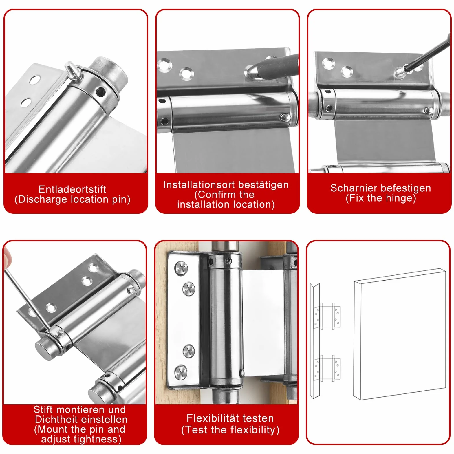Bisagra para puerta de péndulo (4 unidades, acero inoxidable, 130 mm, cierre automático, 15 kg de capacidad de carga, bisagra de resorte para mostrador, puerta batiente y puertas de madera (4