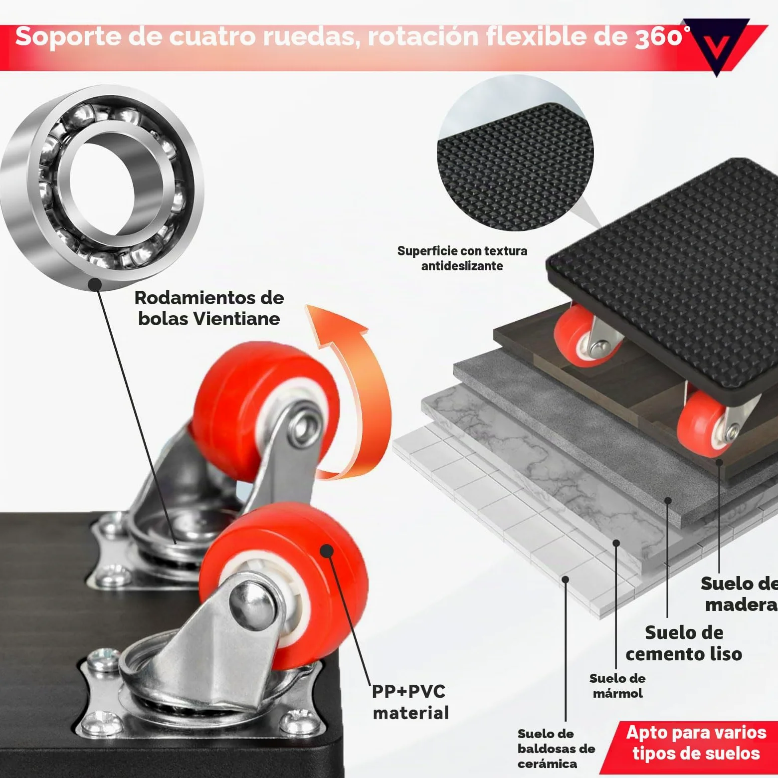 Juego de Elevador de Muebles, Ruedas para Mover Muebles con Barra de Extensión de 630 mm, 4 Ruedas 360 Grados para Muebles, Carga Máxima 500 kg, para Mover Refrigeradores, Sofás, Lavadoras, etc.