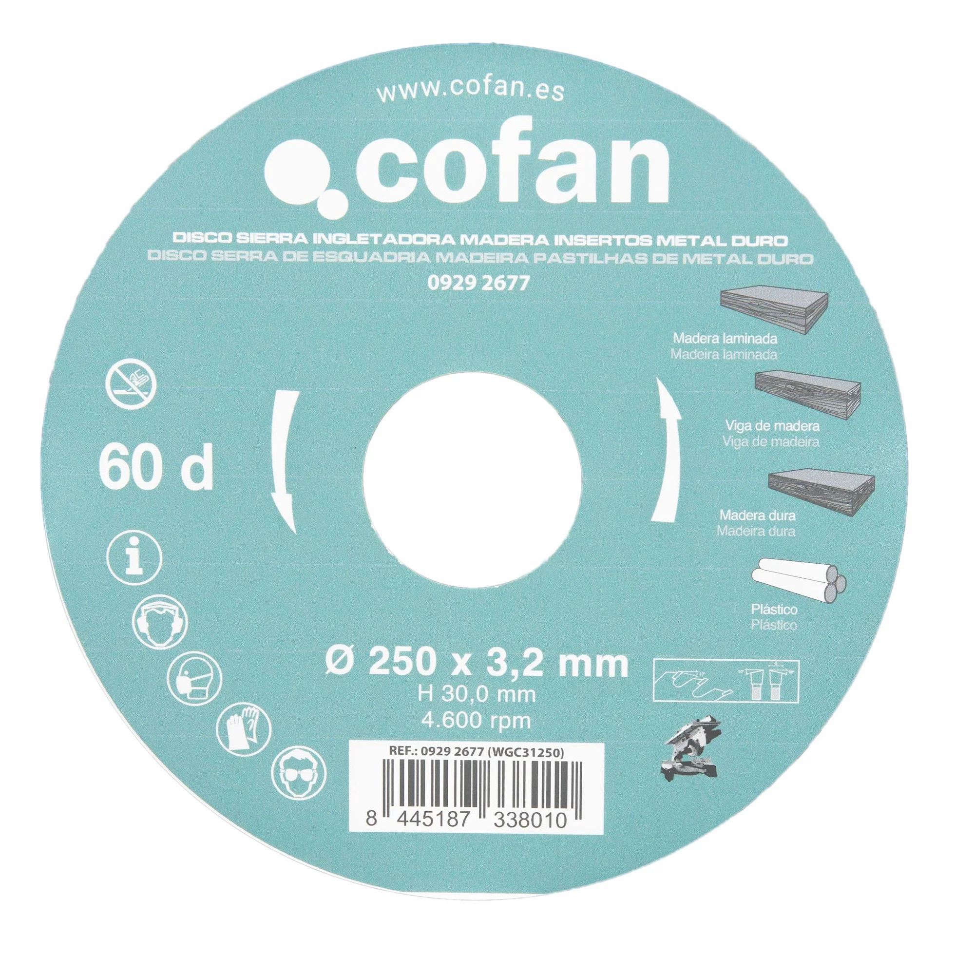 Cofan Hoja de sierra ingletadora 60 dientes 250 x 30 mm 3,2 mm para madera dura plástico laminada