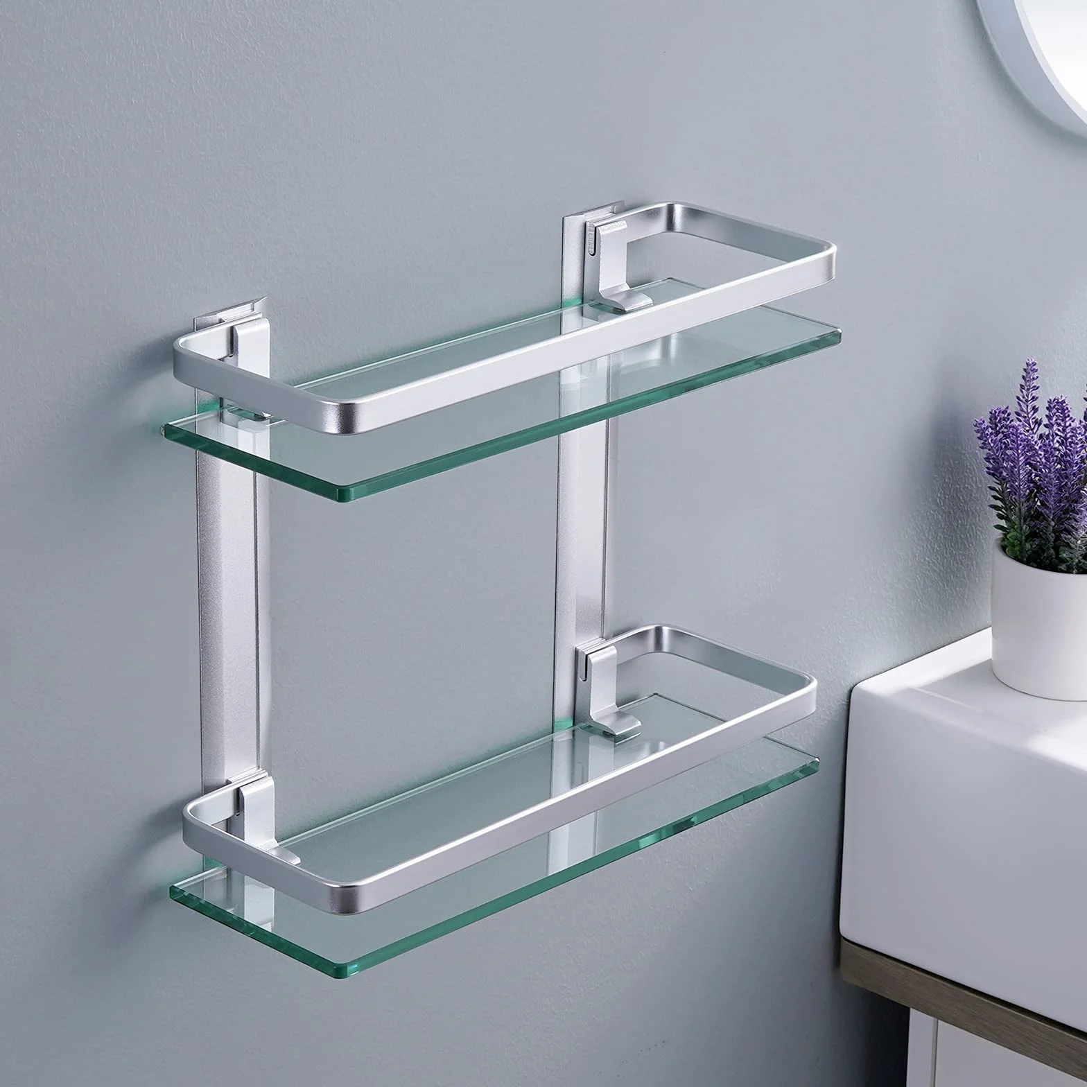 Estanteria Baño Cristal Vidrio Templado 8mm Estante Ducha 2 Niveles Aluminio Plata Rectangular