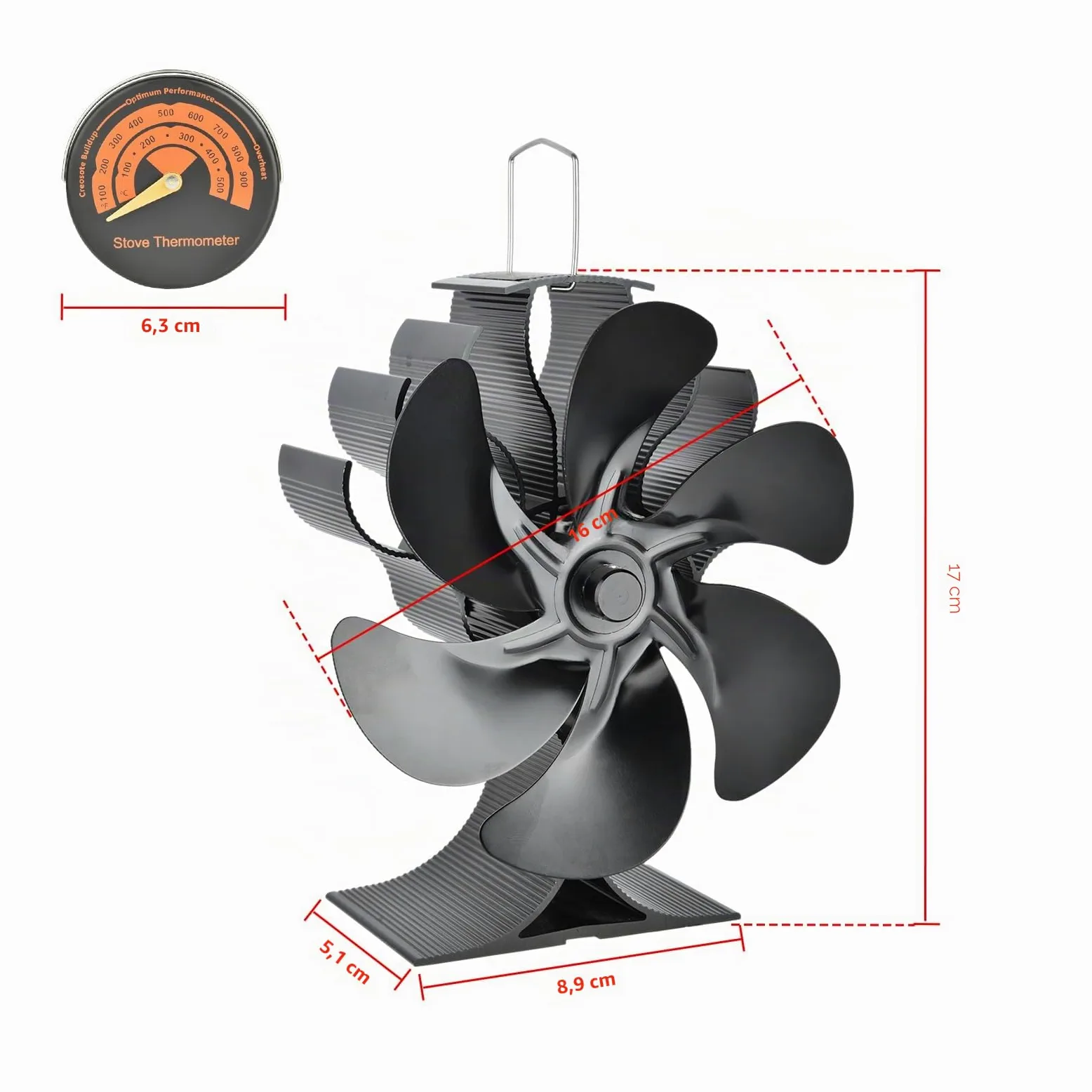 Ventilador Poele de madera,Ventilador de Poele de 6 hojas, Ventilador de estufa de leña Ecológico y de bajo consumo de energía, Funcionamiento silencioso