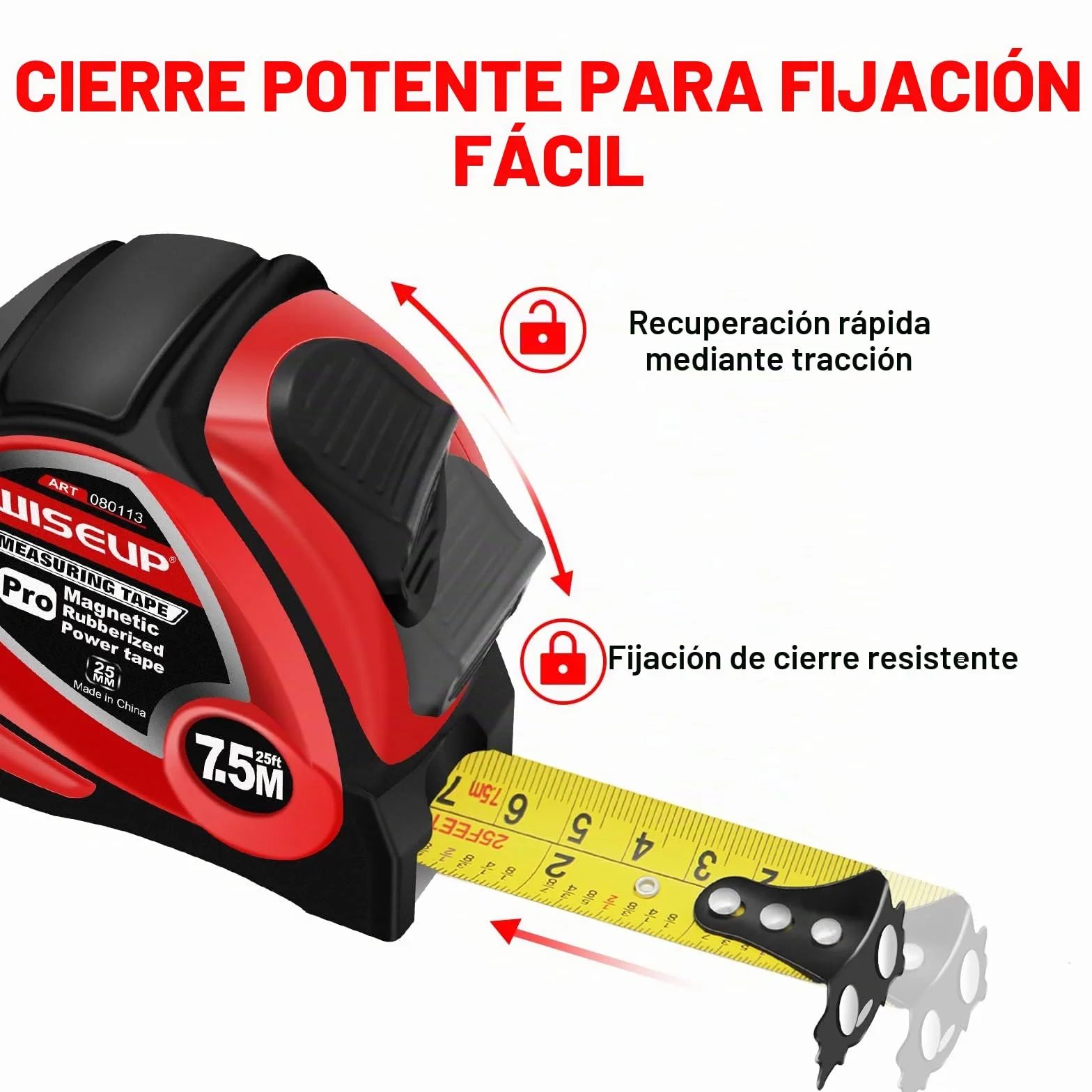 WISEUP Cinta métrica profesional 5 m, autobloqueo, carcasa ABS, clip cinturón