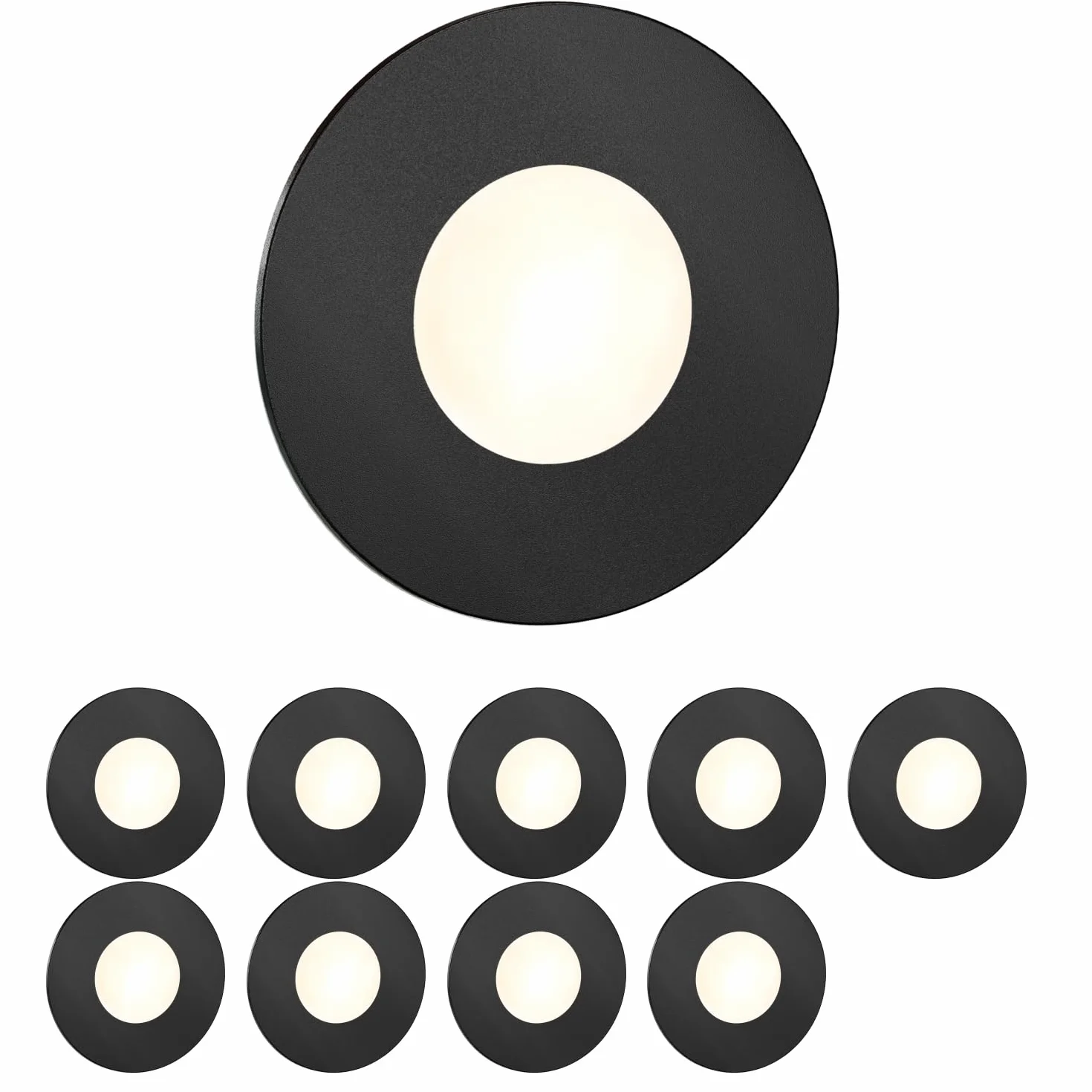 ledscom.de 10 LED luz de escalera/plafón empotrado FEX para interiores y exteriores, redondo, negro, 85mm Ø, blanco cálido