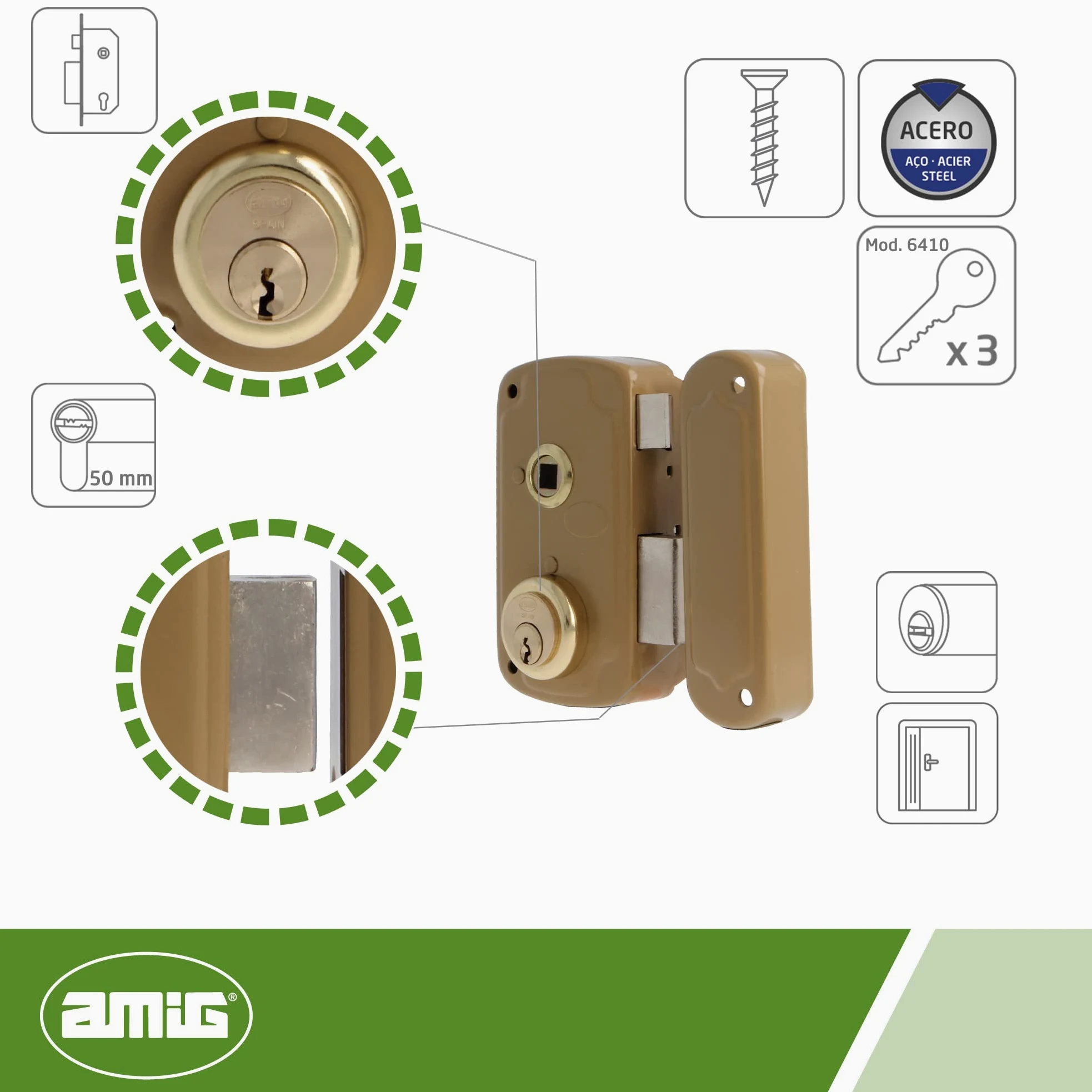 Amig - Cerradura de Sobreponer de Derecha con Palanca de Cierre, Lengüeta y Tirador para Puertas de Madera Mod. 75UN 66 x 120 mm Cilindro Redondo de Seguridad Acero Dorado