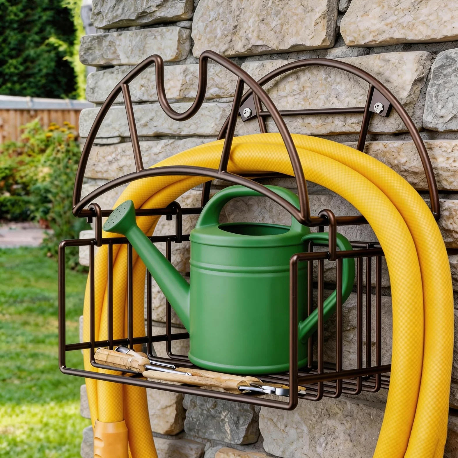 Soporte Manguera Jardin, Soporte de Pared para Manguera de Jardín con Cesta de Almacenamiento de Herramientas Metal de Gran Resistencia Portamangueras Pared para Garaje Patio Garaje Césped