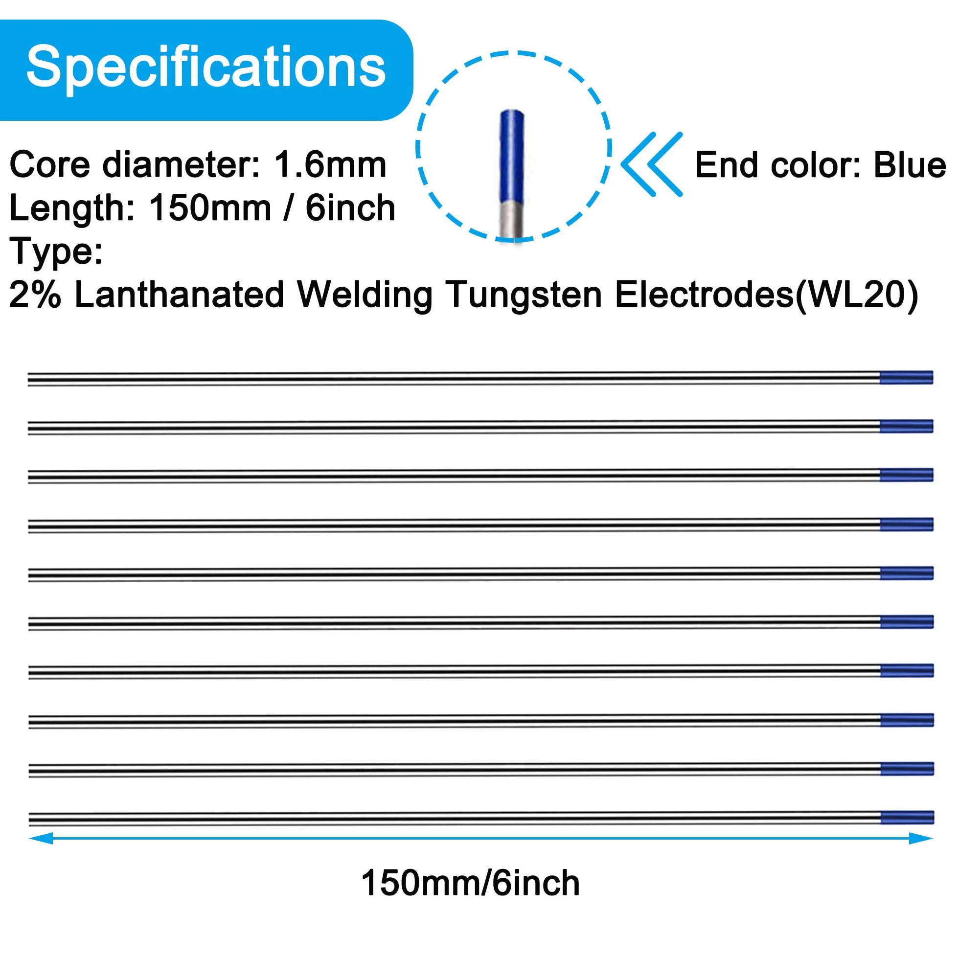 electrodos de tungsteno de soldadura para TIG 2% tungsteno lantanado WL20 azul 1/16" x 6" paquete de 10 electrodos de tungsteno premium para accesorios de soldadura para TIG