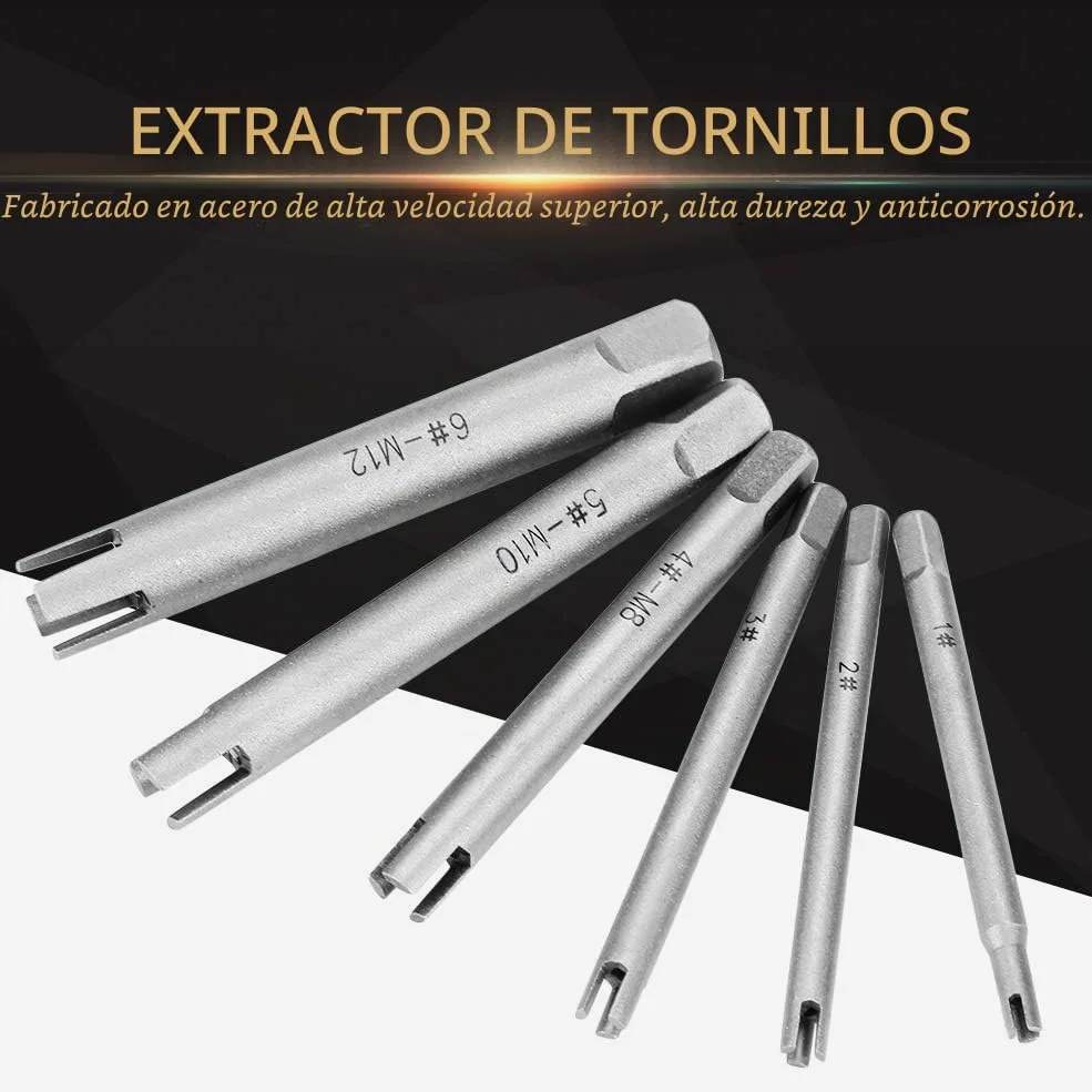 Tiiyee Extractor de Machos Rotos,Extractors Macho Rosca Cabeza Rota Juego Extractores Tornillos Set Extractore Grifos Pelados Grifería Removedor Stripped Golpecito Tornillo Conjunto para Pernos(6Pcs)