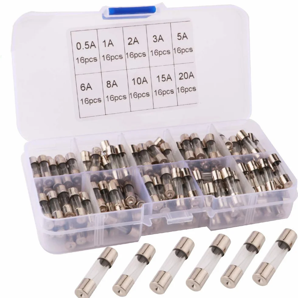 Kit de 160 Fusibles de Tubo de Vidrio de Coche, 250V 5x20mm, Soplado Rápido (0.5A-20A)