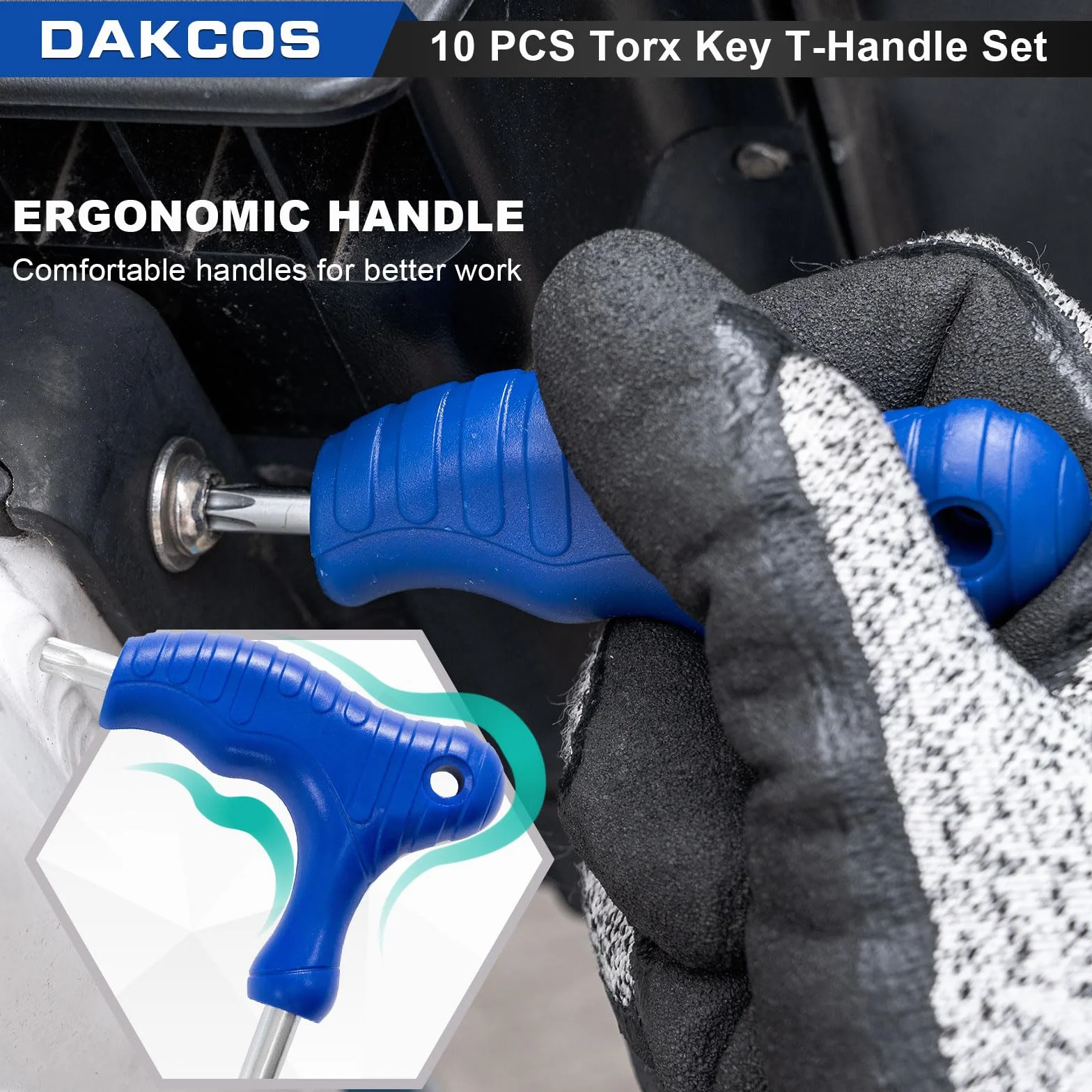 DAKCOS Juego de 10 llaves Torx con mango en T, llave de estrella T9-T50 con estante de almacenamiento, Cr-V