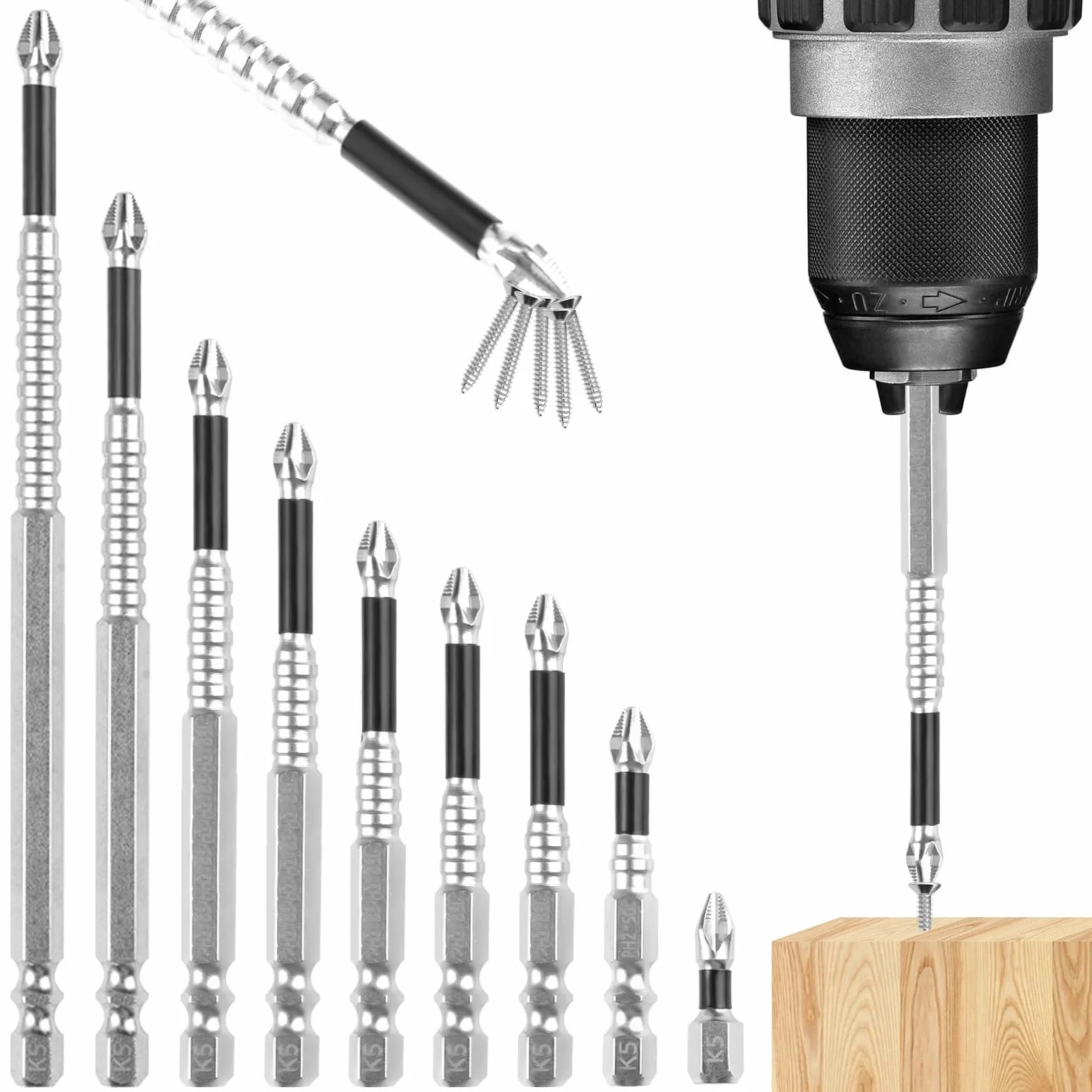9 Piezas Brocas de Destornillador Magnético,Juego Magnética,Brocas Magnética,25-150mm High Magnetic Screwdriver Drill Bit Set,Juego Phillips Antideslizantes,para Taladros Eléctricos