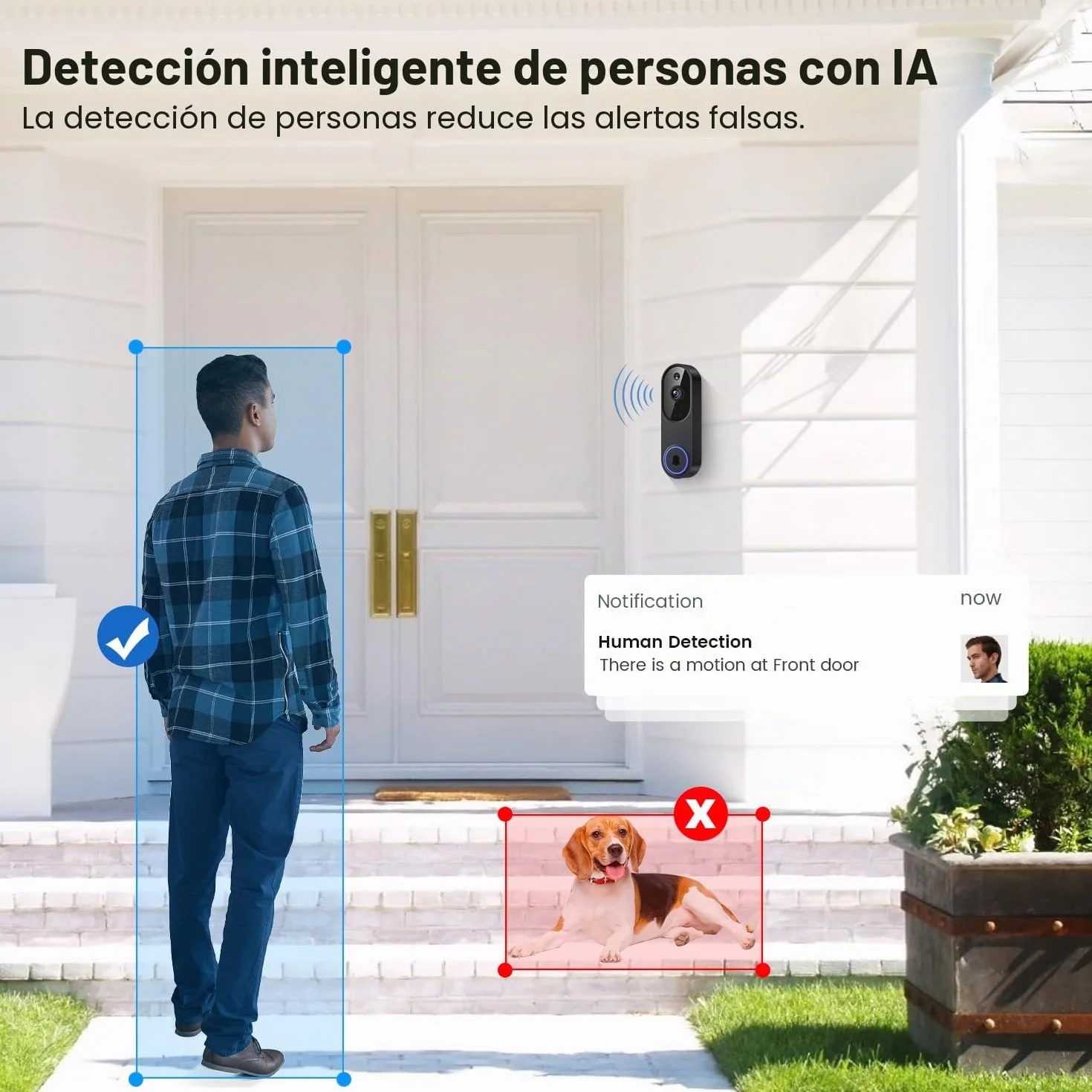 Cámara inalámbrica con timbre de video WiFi con receptor de timbre, detección humana de IA, conversación bidireccional, Wi-Fi de 2.4G, funciona con pilas, almacenamiento en la nube