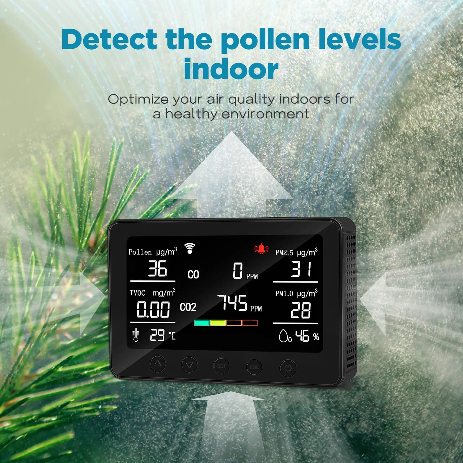 CF-30 Monitor de calidad del aire para interiores para polen, CO2, PM2.5, PM1.0, TVOC, temperatura, humedad, contaminación del aire con pantalla LCD grande, APP para configuración e historial