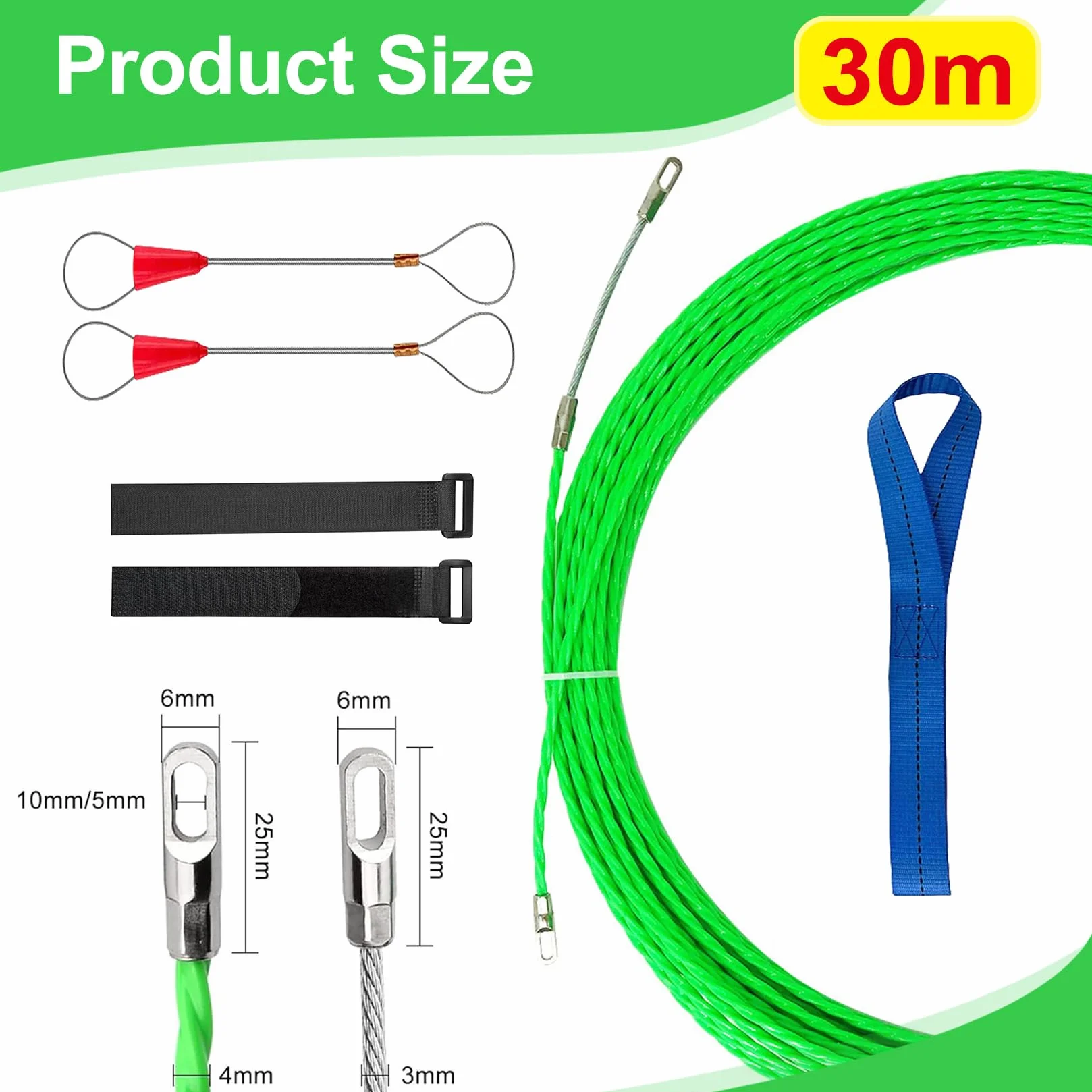 Cinta de Tracción Espiral para Cables, Ayuda para Tirar Cables con Resorte, 30 m