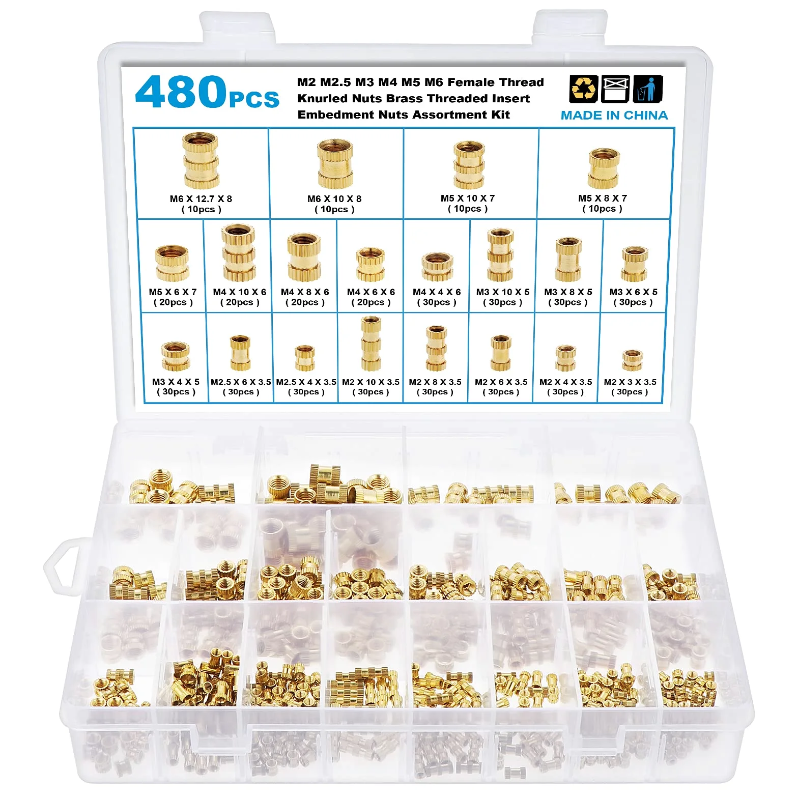 Gueenky 480 Piezas Tuercas Moleteadas de Latón, M2 M2,5 M3 M4 M5 M6 Tuercas de Inserción Insertos Roscados, 20 Tamaños Tuercas de Incrustación para Moldeo por Calor o Ultrasonido en Impresora 3D