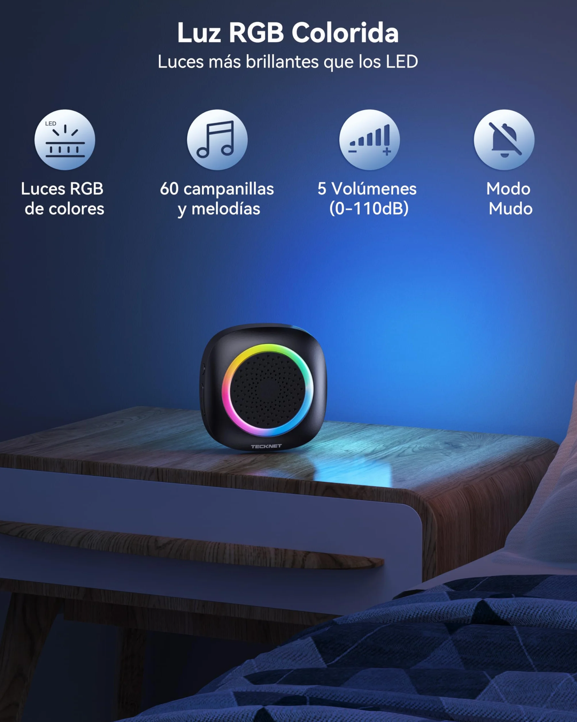TECKNET Timbre Inalambrico Exterior, RGB Timbre Inalámbrico Exterior Impermeable IP66 con 2 Receptores, 400M Alcance, 5 Niveles de Volumen y 60 Melodías, Doorbell al Estilo de la Batería, Portátil