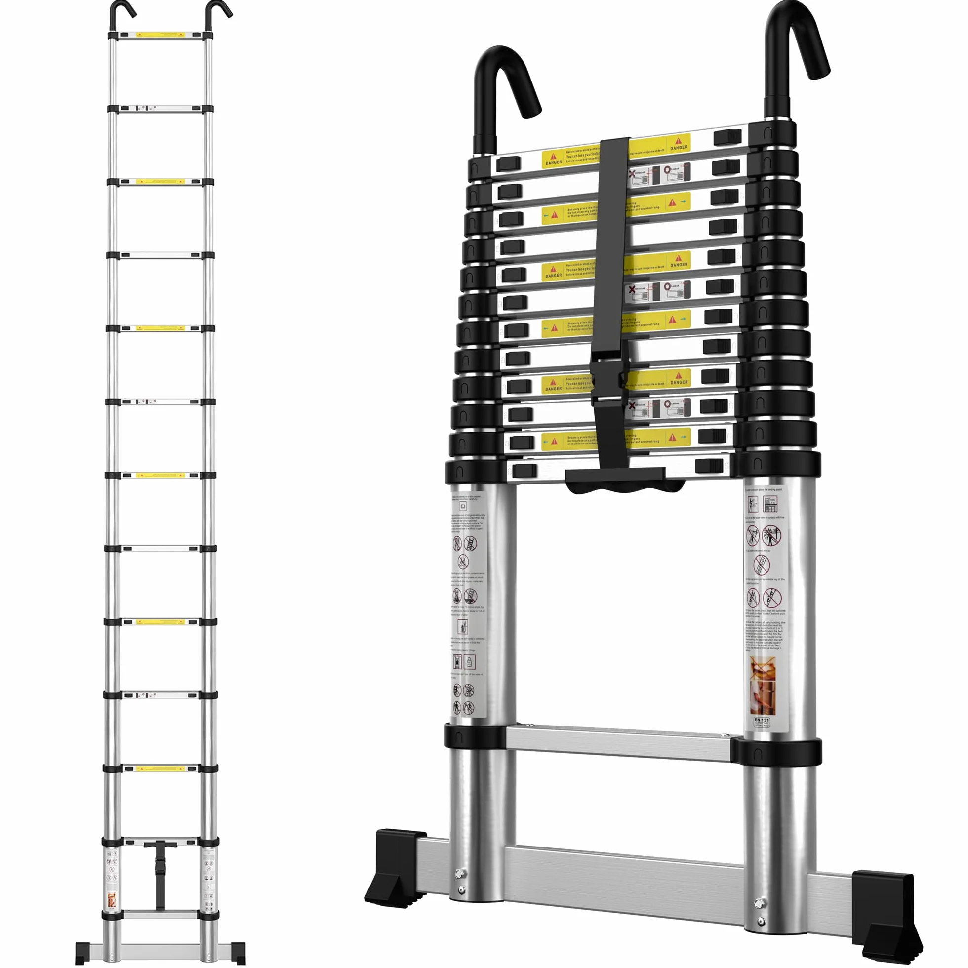 gymount Escaleras Plegables Aluminio, 3,8m Escalera Telescópica, Escalera Plegable Portátil, con Barra Estabilizadora y Ganchos Extraíbles Adecuado para Mantenimiento del hogar, Camping, Carga 150 KG