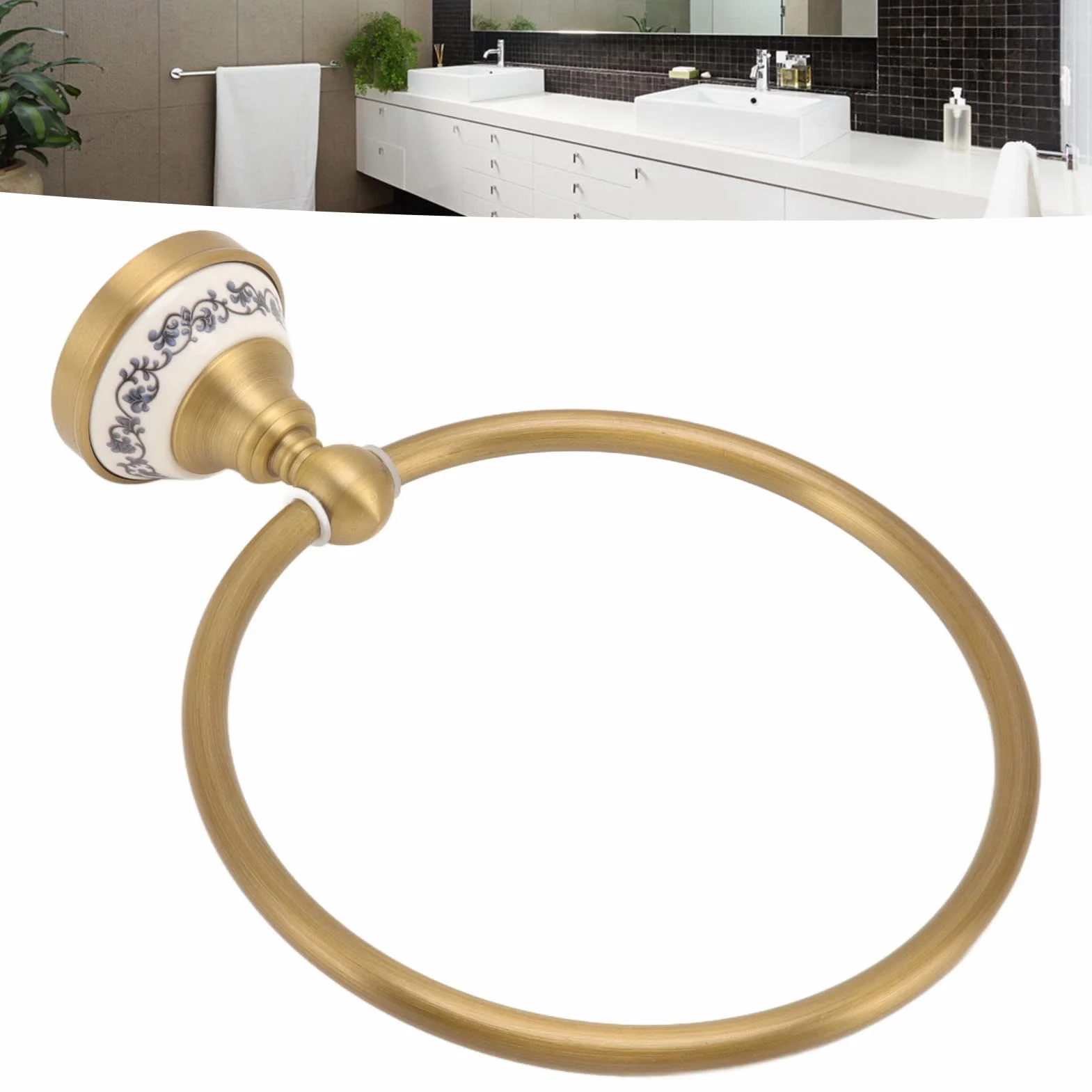 Anillo de Baño Estilo Vintage, Colgador de Toallas de Acero Inoxidable, Toallero de Latón Antiguo para Cocina y Baño (Oro)