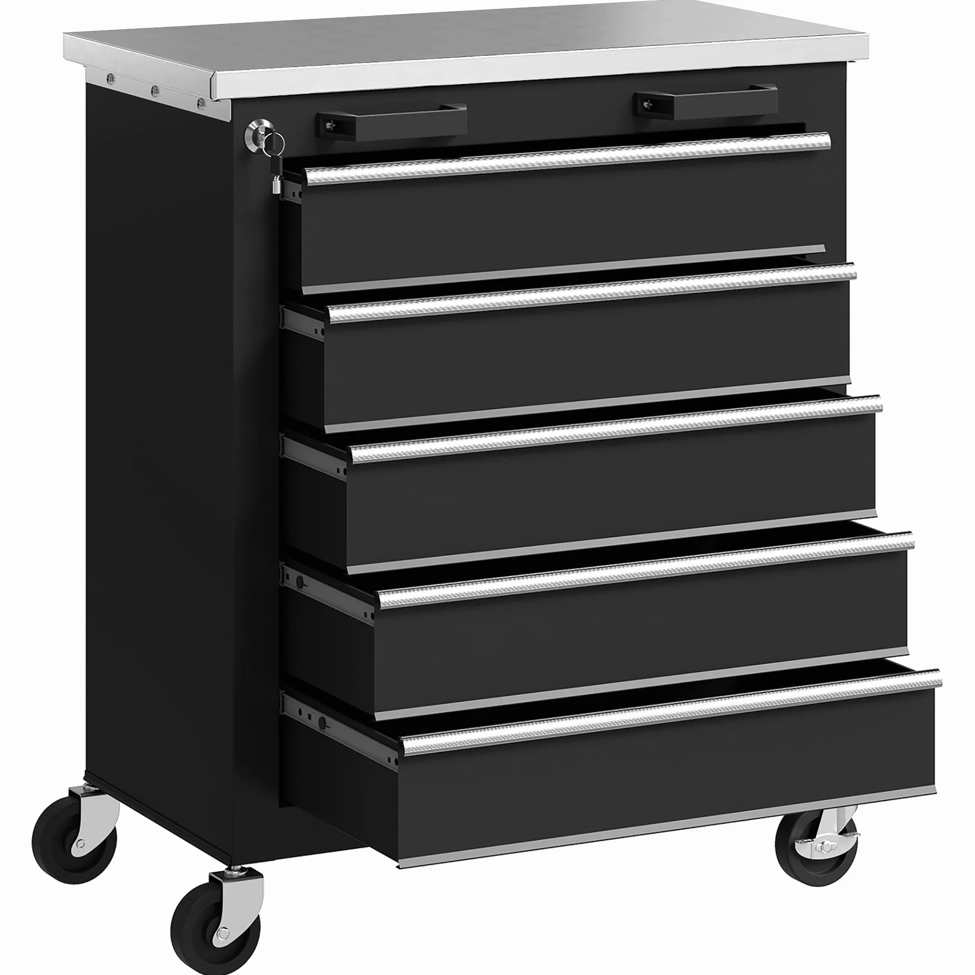 HOMCOM Carro de Herramientas 5 Cajones con Cerradura, Taller con Ruedas, Encimera Acero Inoxidable, Negro Plata