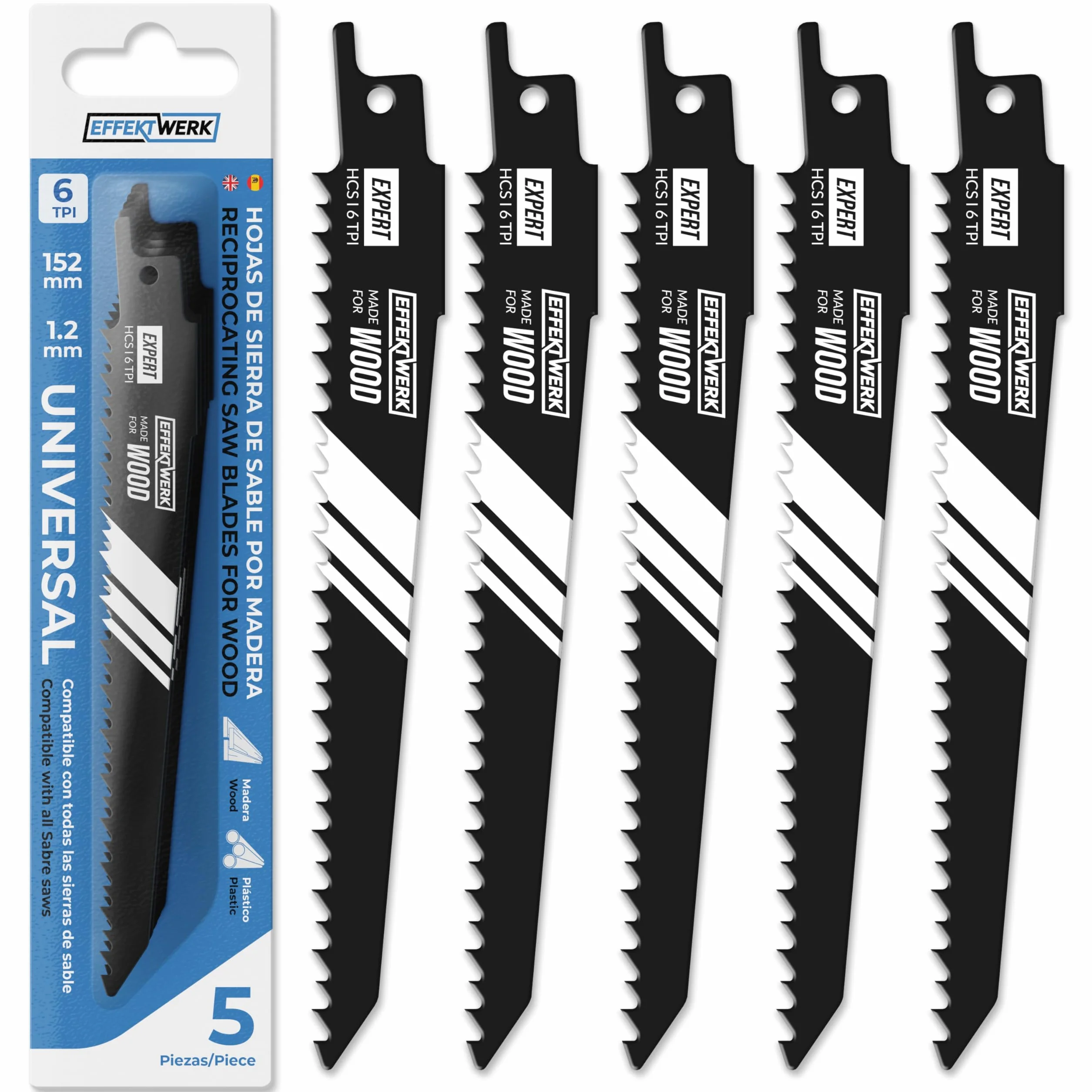 Hojas de sierra de sable para madera (5 piezas) para corte de madera y plástico, hojas de sierra de sable de acero con alto contenido de carbono (HCS) con 6 TPI (dientes por pulgada)