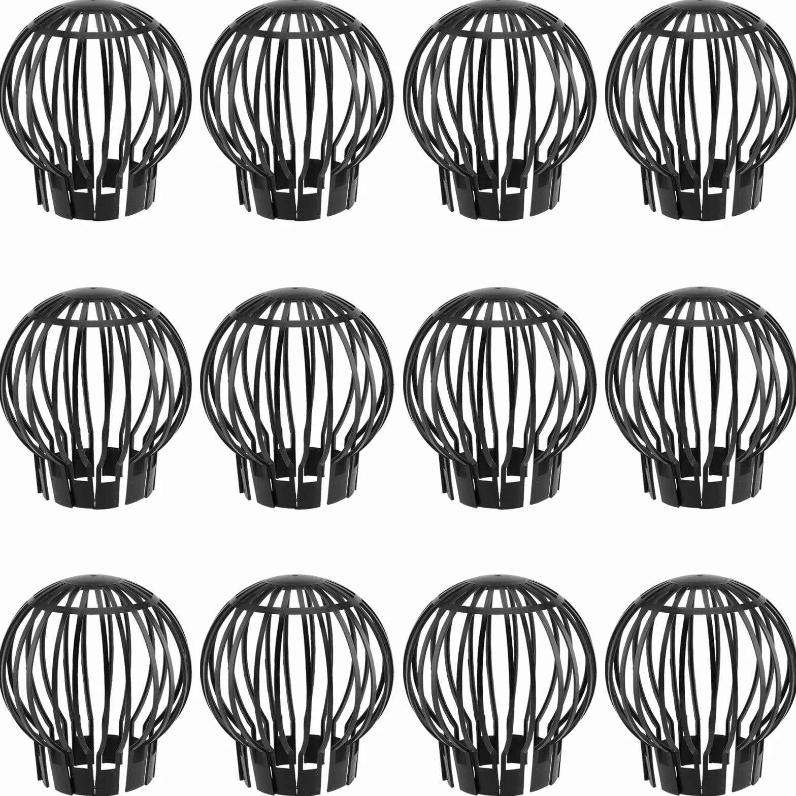12 protectores de canalón de plástico, protector de hojas de plástico negro, protector de bola de canalón, cubierta de hojas de drenaje, protector de bajante para obstrucciones de hojas de