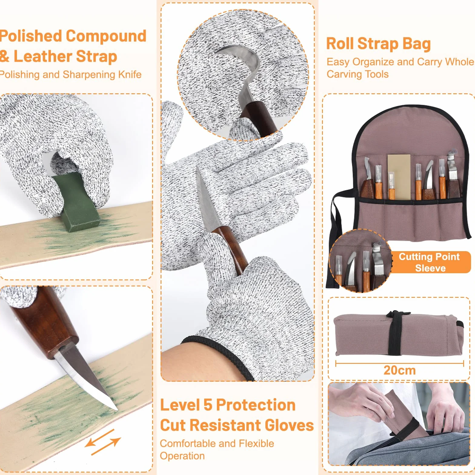 DBREAKS 24 Piezas Tallar Madera Gubias, Kit de Herramientas para Tallar Madera, con Guantes Anticorte, Madera para Tallar, Para Principiantes Y Profesionales