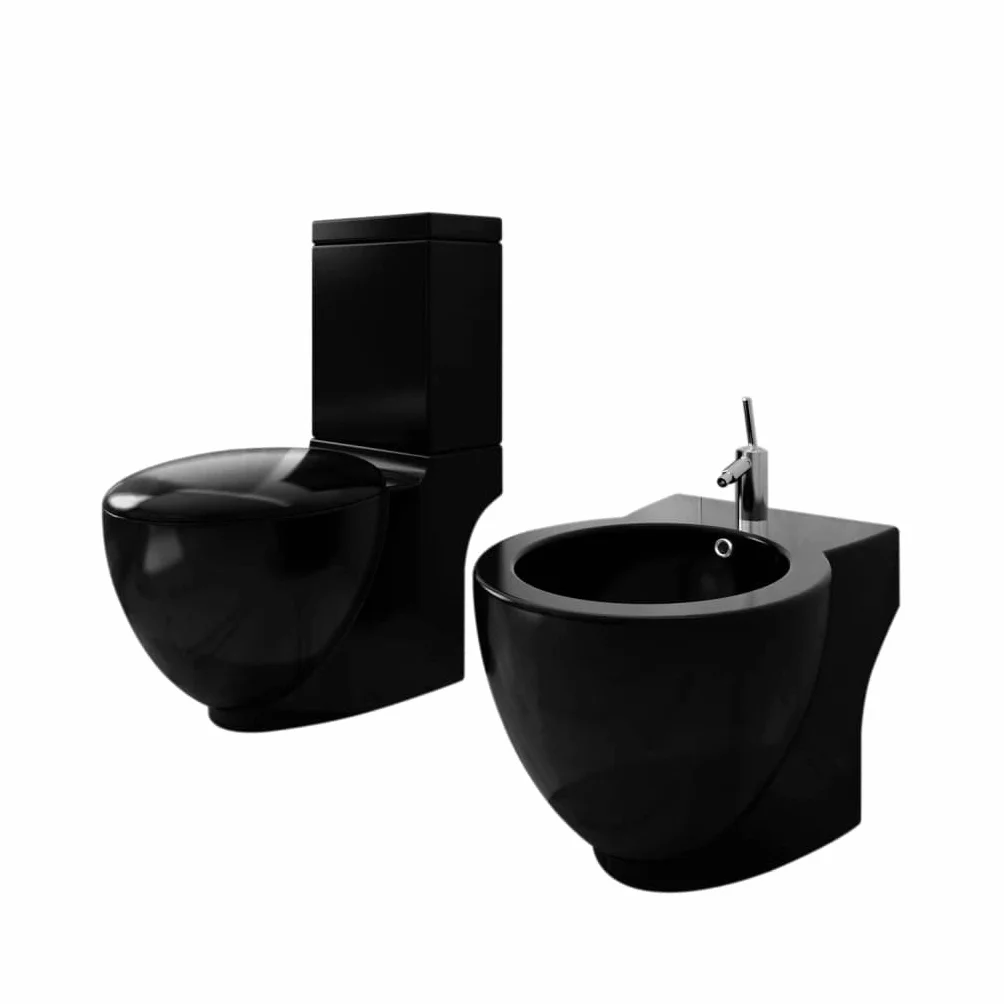 vidaXL Set de Inodoro y Bidé Suelo Pie Cerámica Negro Váter WC Retrete Bidet