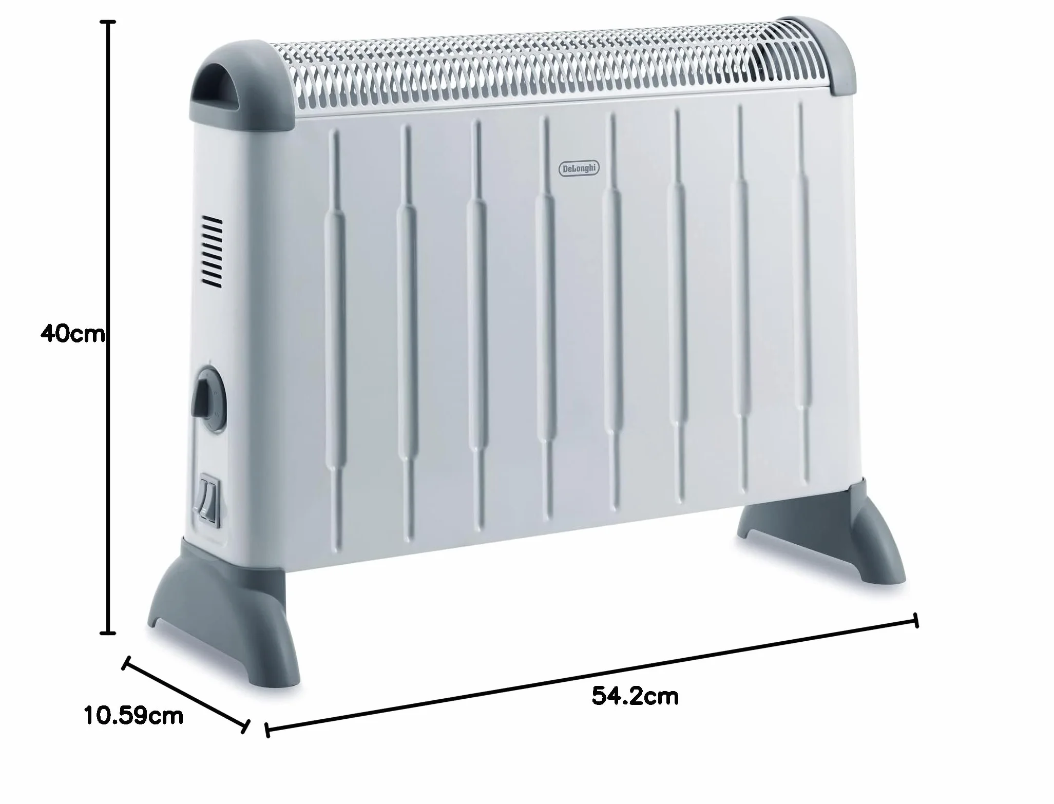 De'Longhi Convector Eléctrico – Calefactor Ligero para Estancias hasta 60 m³, Selector con 2 Niveles de Potencia, Asas, Calefacción Personalizada, Termostato de Seguridad, 2000W, Blanco/Gris (HCM2030)