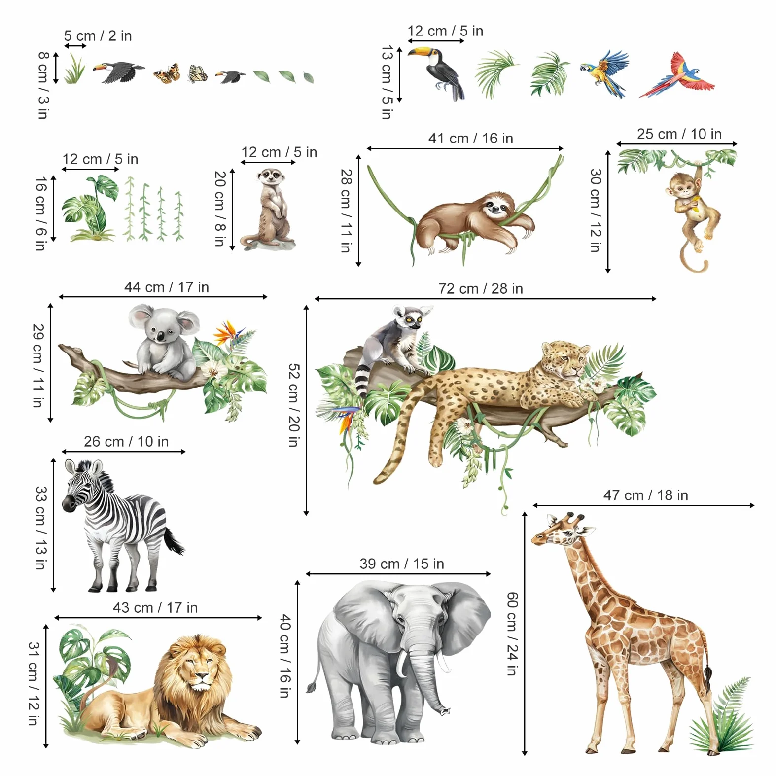 decalmile Pegatinas de Pared Animales de la Jungla Rama Árbol XXL Vinilos Decorativos Safari Elefante Leopardo Jirafa Grande Adhesivos Pared Habitación Infantiles Niños Bebés Guardería