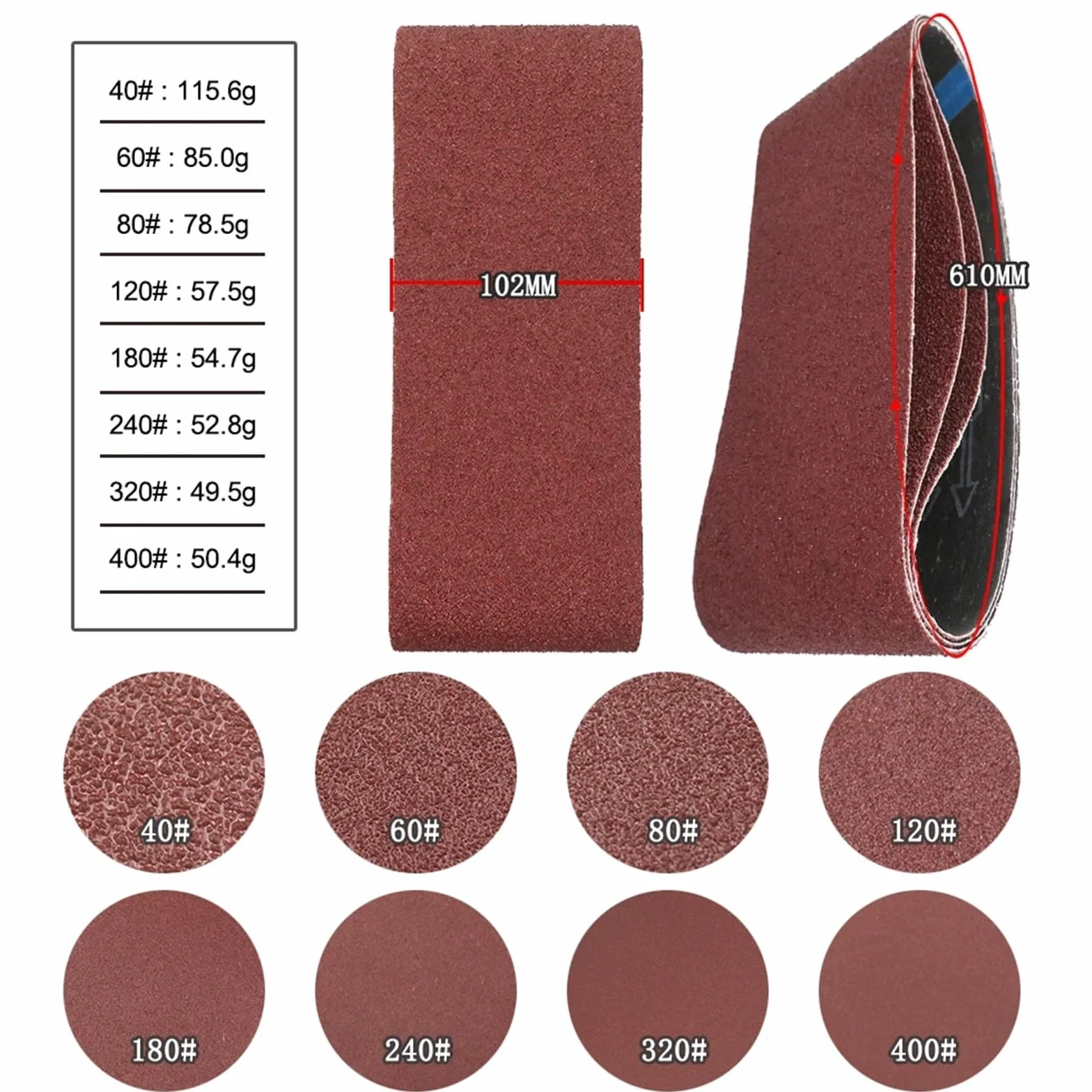 Papel for lijadora de banda, banda de lijado, 10 bandas de lijado de 100 x 610 mm, grano 40-400, bandas abrasivas for lijadora, pulido de madera y metal.(180)