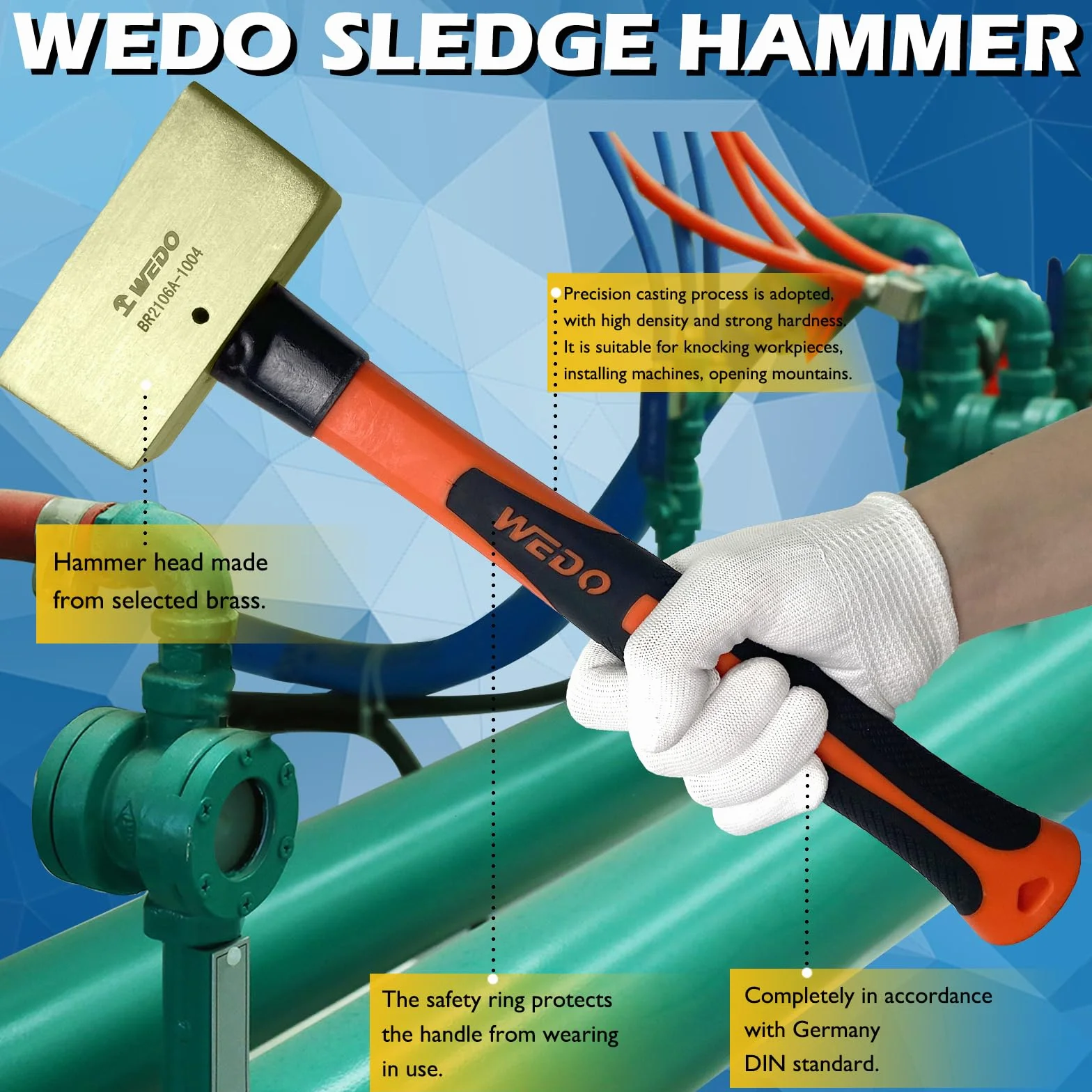 WEDO Martillo de Doble Cara de Latón con Mango de Fibra Vidrio,500 libras,300 mm,12 pulgadas