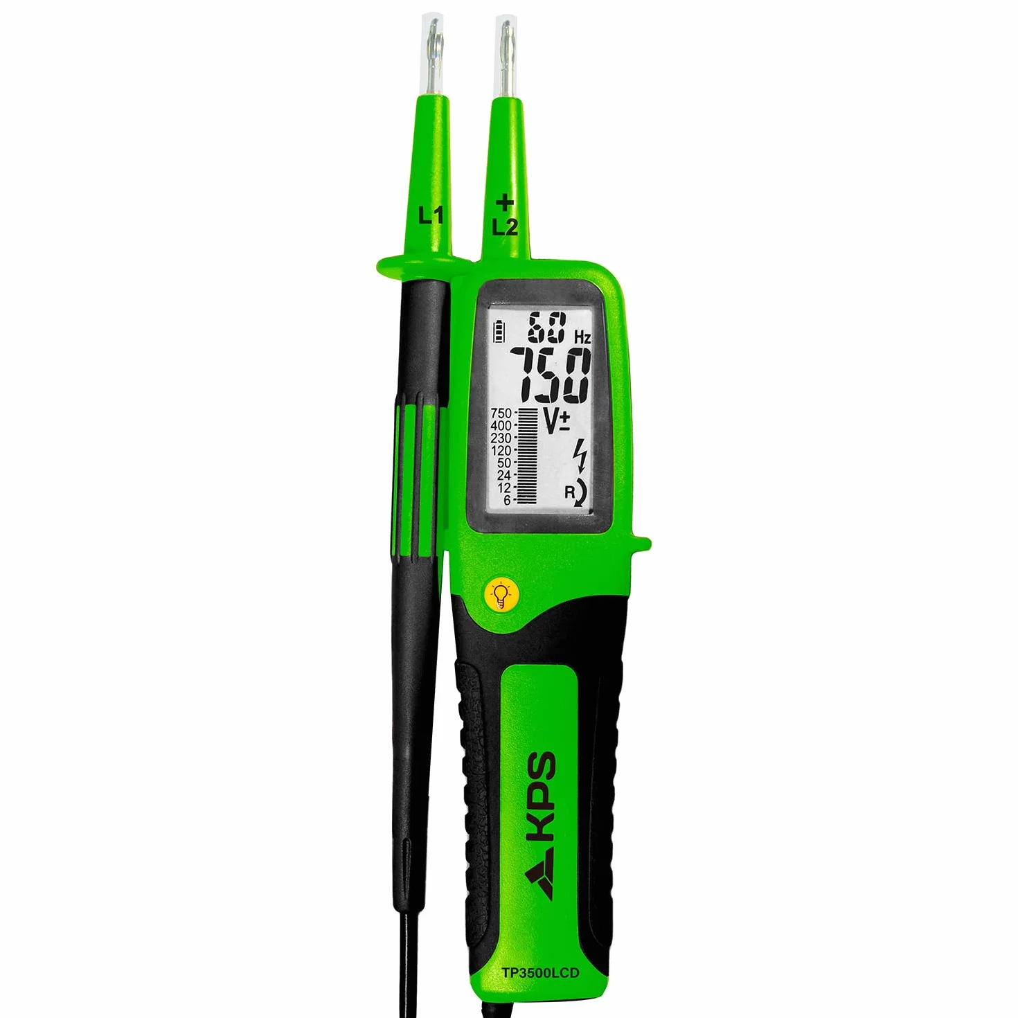 KPS-TP3500LCD Comprobador de Tensión de 2 Polos TRMS Reconocimiento Auto AC/DC 750V con Pantalla LCD Frecuencia Resistencia Continuidad Diodos Comprobación y Secuencia de Fase Activa IP65 CAT.IV