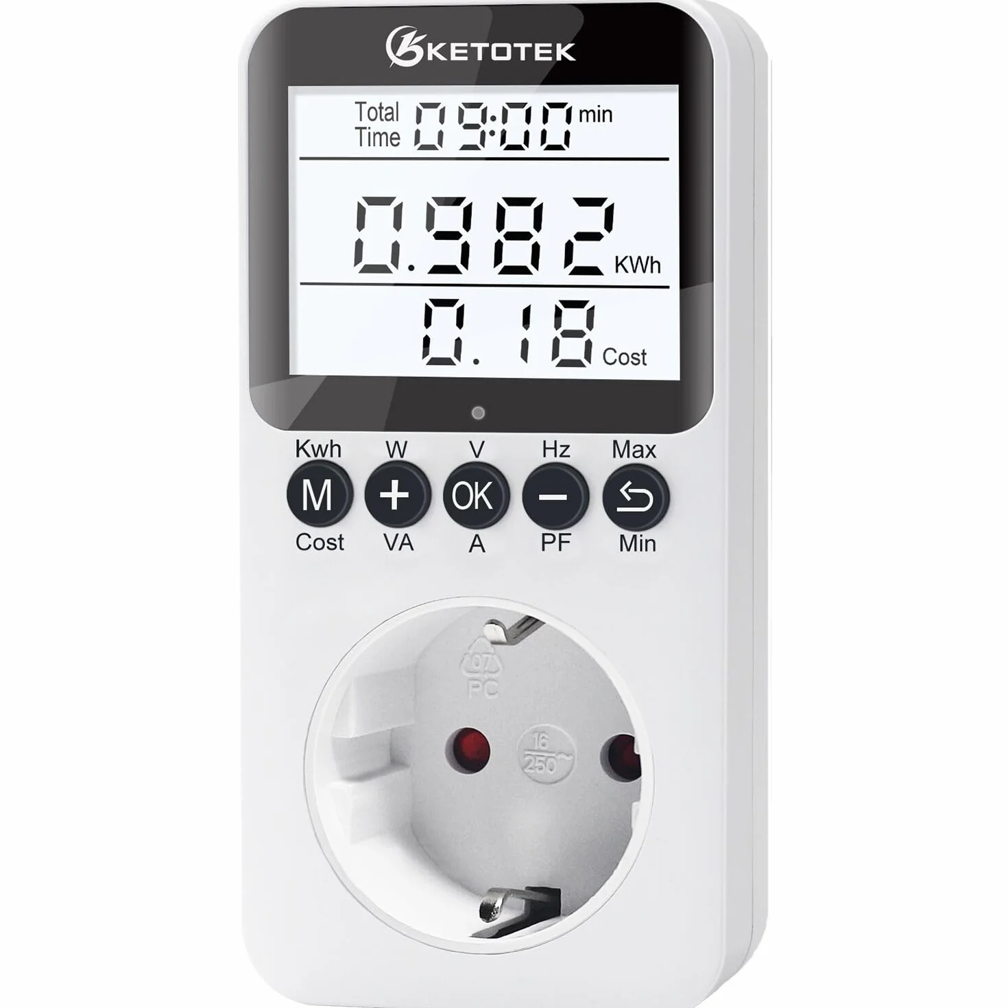 KETOTEK Medidor de Consumo Electrico, Monitor de Electricidad, Medidor Consumo Energía con Pantalla LCD Retroiluminada, medidor de corriente enchufe con Protección contra Sobrecarga 3680W