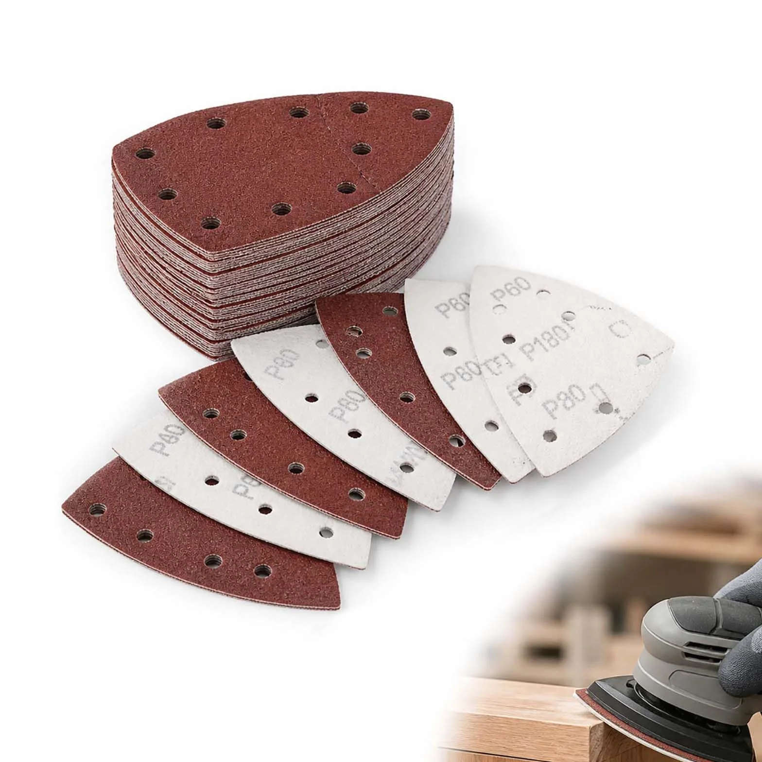 70 Piezas 105x152 mm Papel de Lija Triangular, Papel Lijas Madera, Sanding 11 Agujeros, para Lijadora, Granos 40/60/80/120/180/240, para PSM 100A, 160, 200 AES, 18, PDA 180